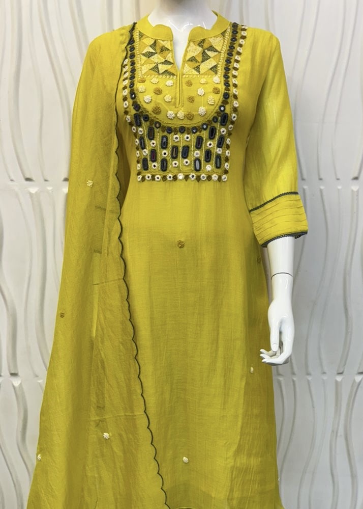“KIARA” Mirror Work Lemon Yellow Mul Chanderi A Line kurta set