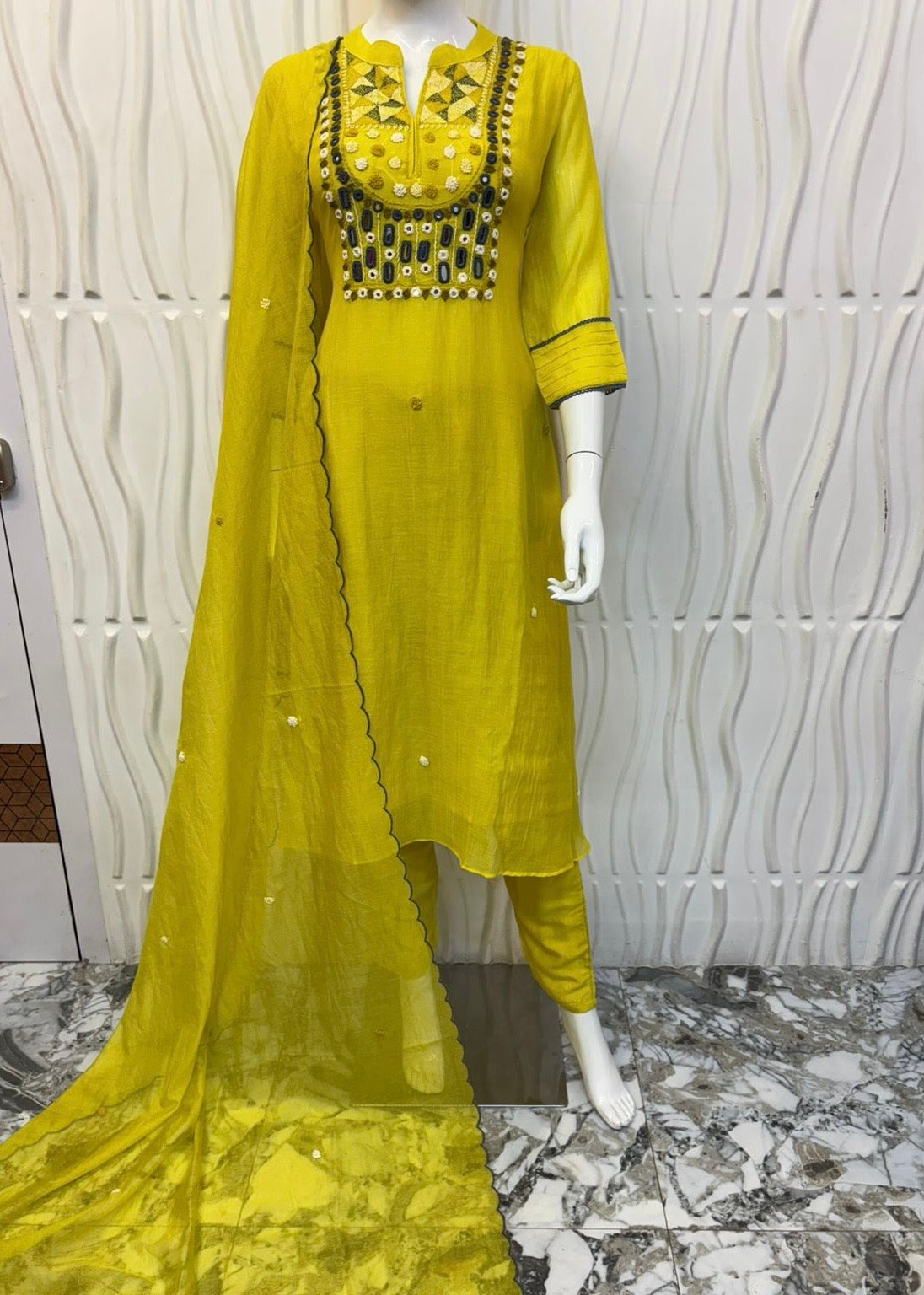 “KIARA” Mirror Work Lemon Yellow Mul Chanderi A Line kurta set