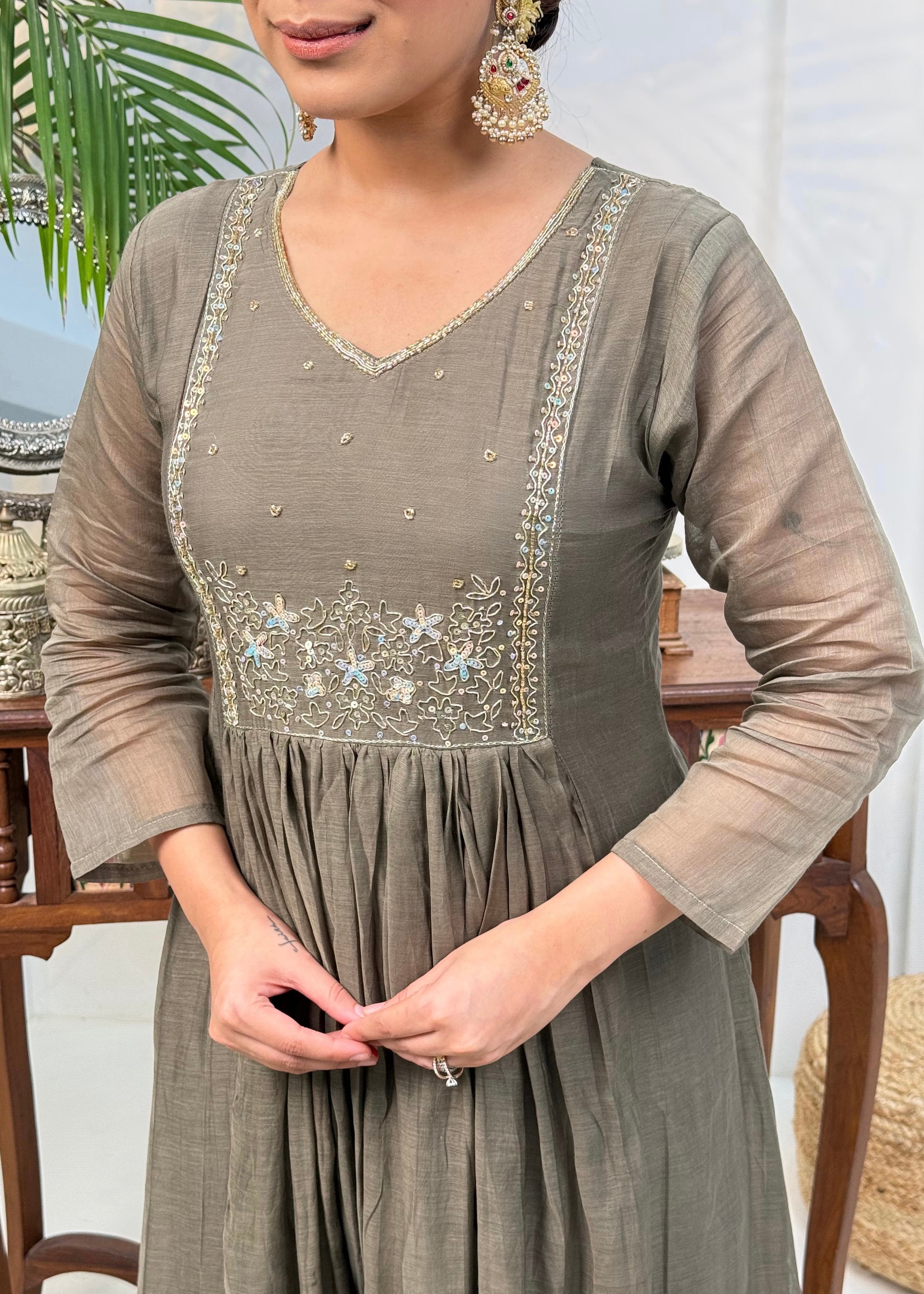 “Eiryan” Olive Brown Mul Chanderi Handwork Anarkali suit set