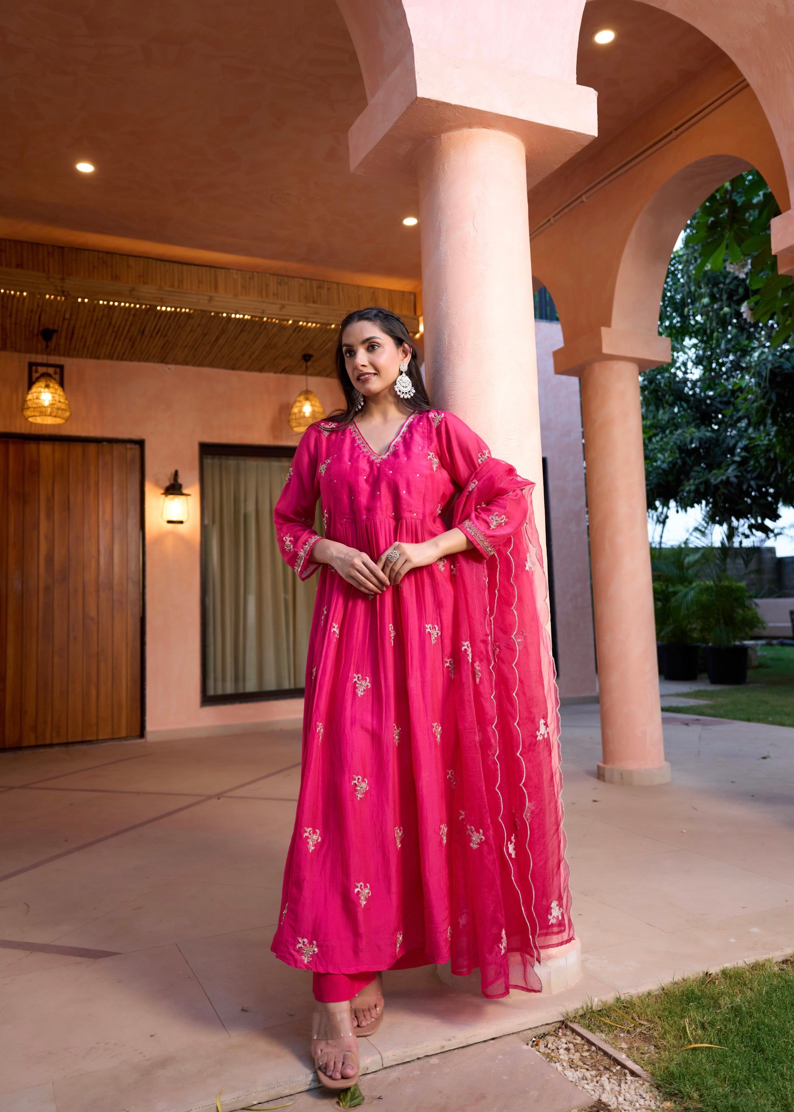 “Ishira” Premium Mul Chanderi Anarkali Kurta Set with Handwork