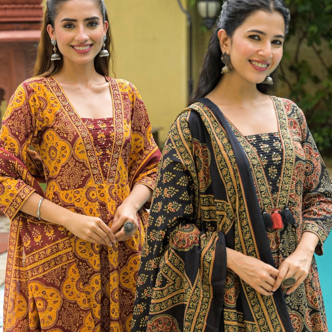 “Inaaya” Handblock Printed Cotton Anarkali Kurta Set