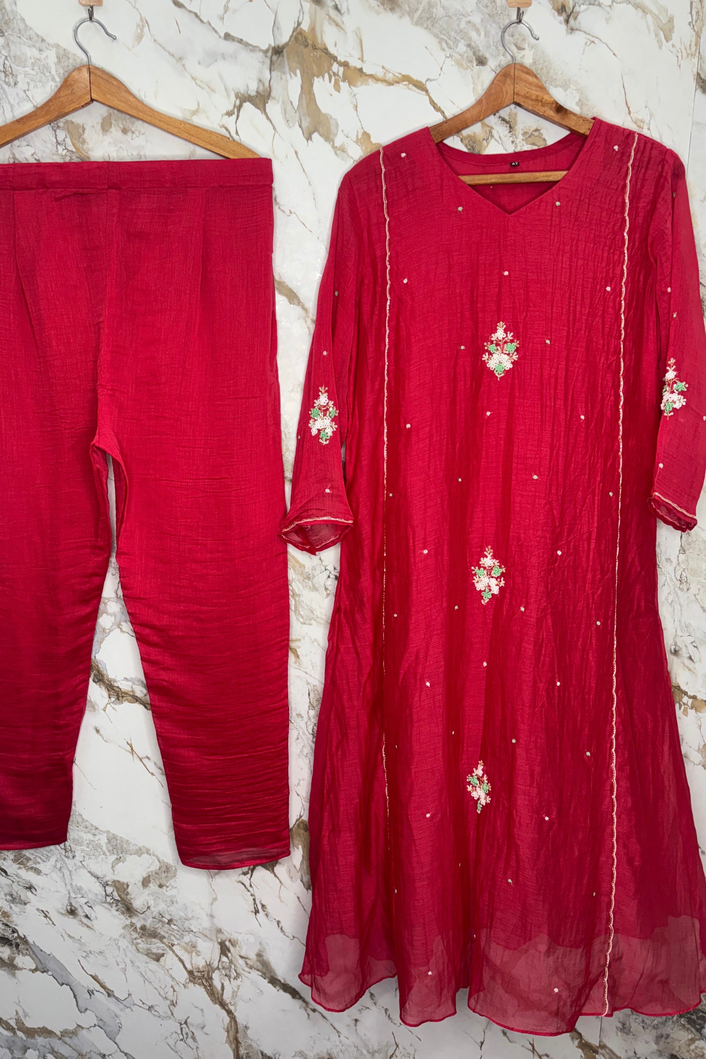 “Myra” Red\Purple Mul Chanderi A-Line Anarkali Kurta set