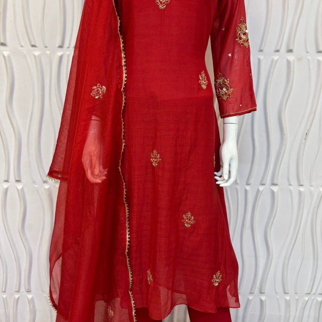 “Zeenat” Beautiful Red Mul Chanderi A line Anarkali Kurta Set