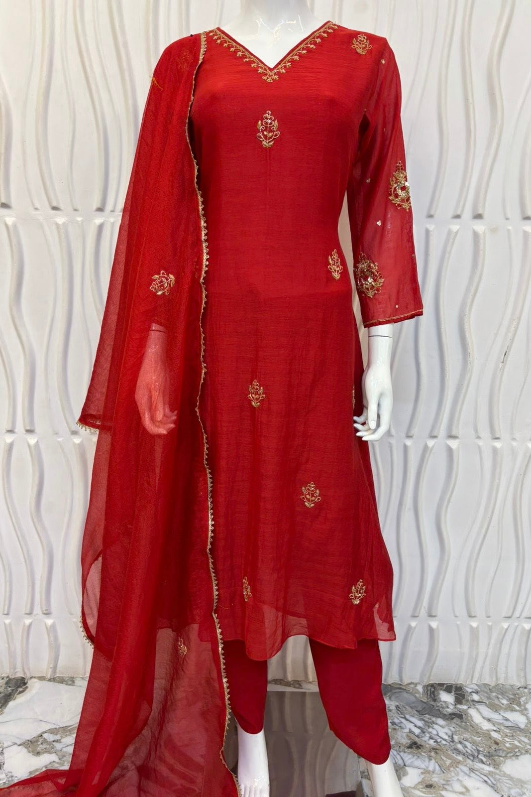 “Zeenat” Beautiful Red Mul Chanderi A line Anarkali Kurta Set
