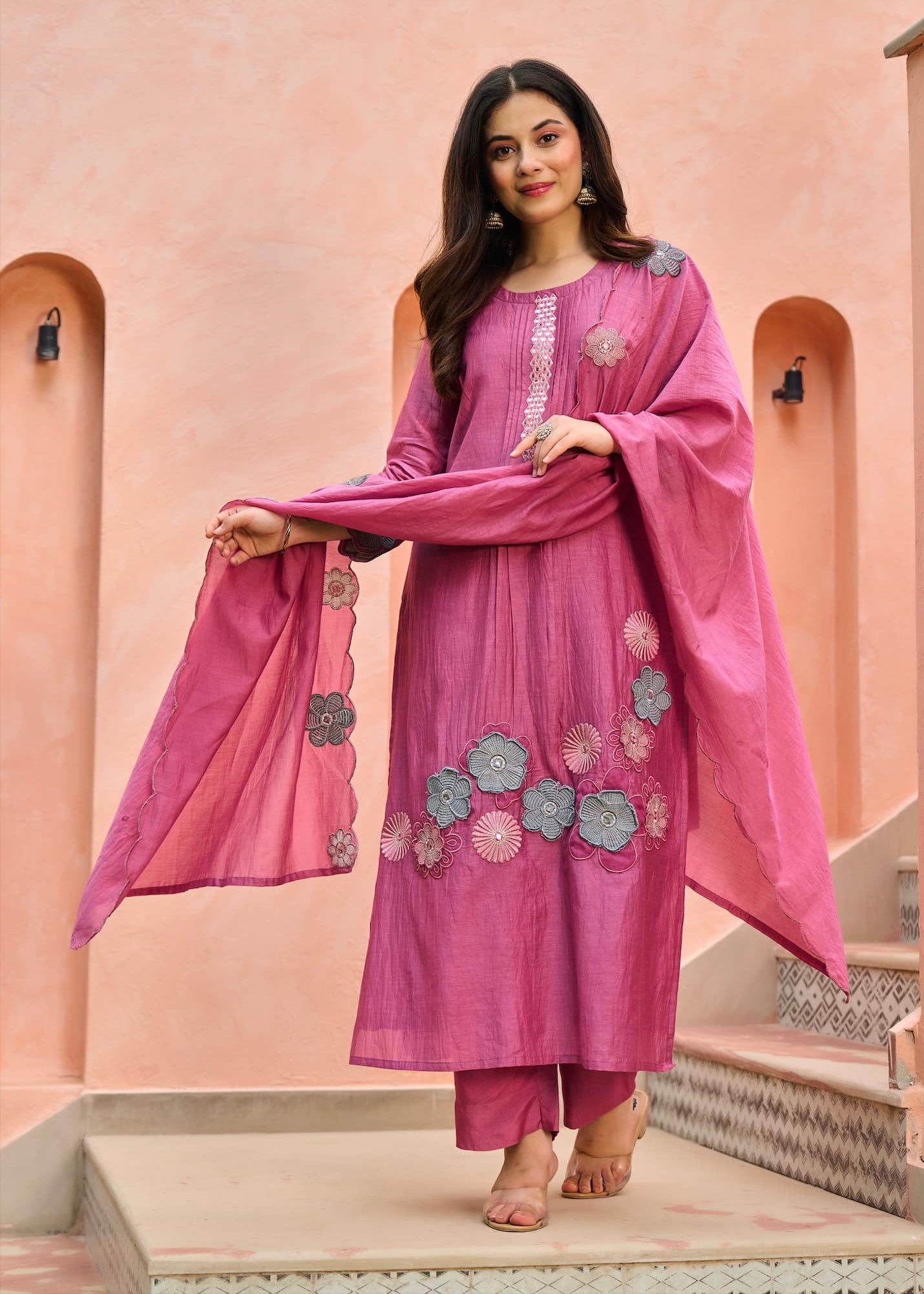 “Anya” Bloomberry Blush Mul Chanderi Suit Set