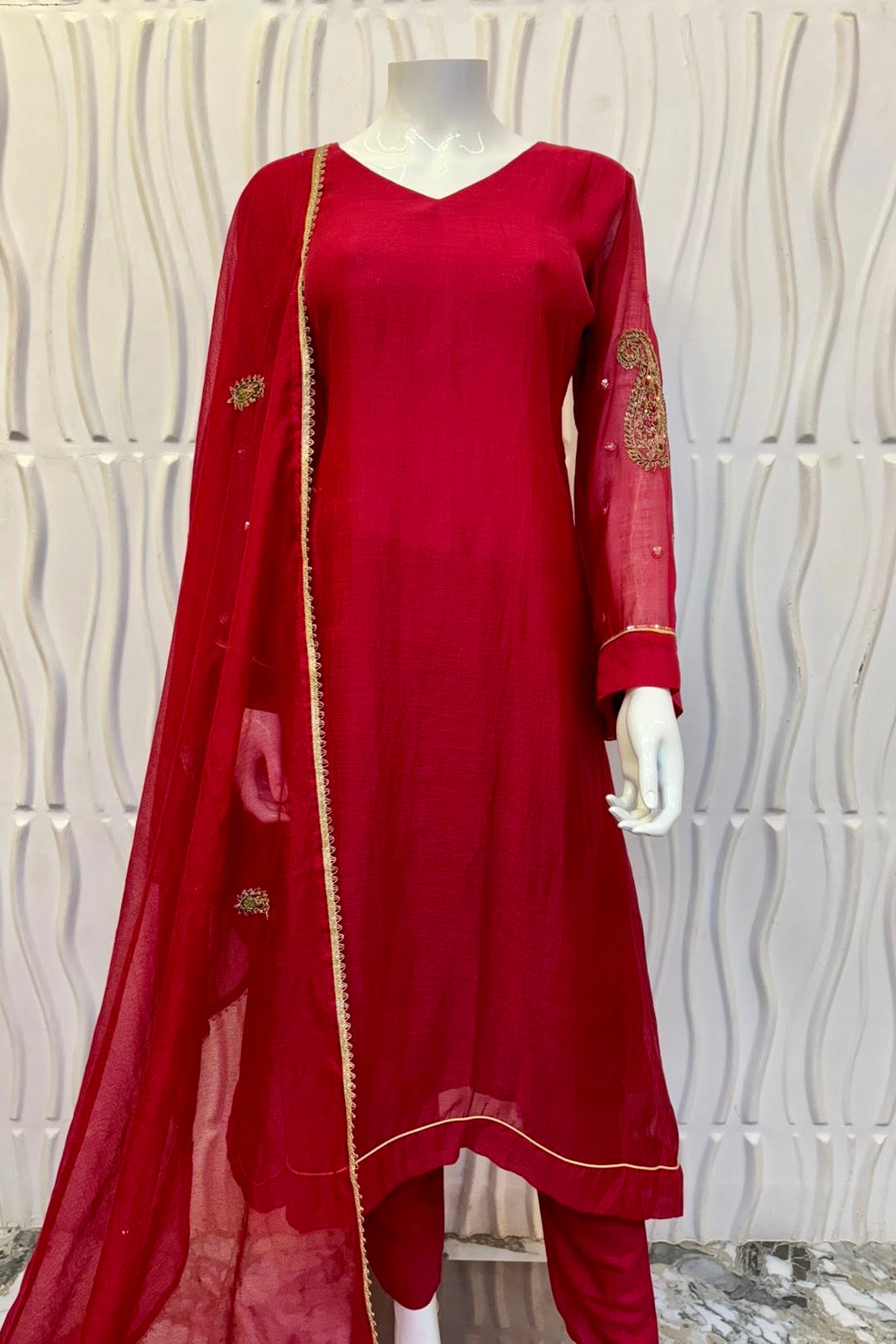 “Navya” Beautiful Red Mul Chanderi A line Anarkali Kurta Set