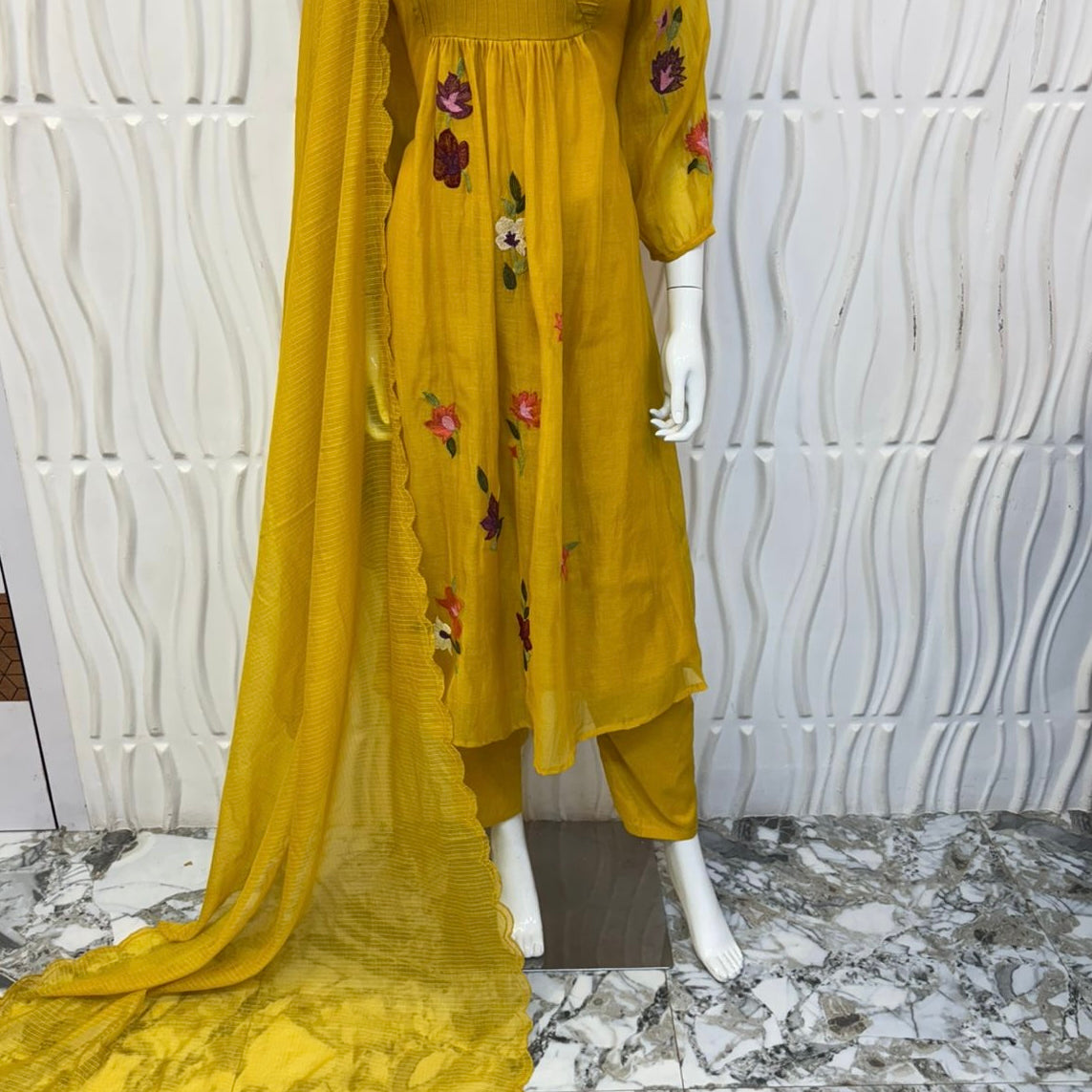 “IFRA” Premium Yellow Mul Chanderi party wear anarkali kurta set