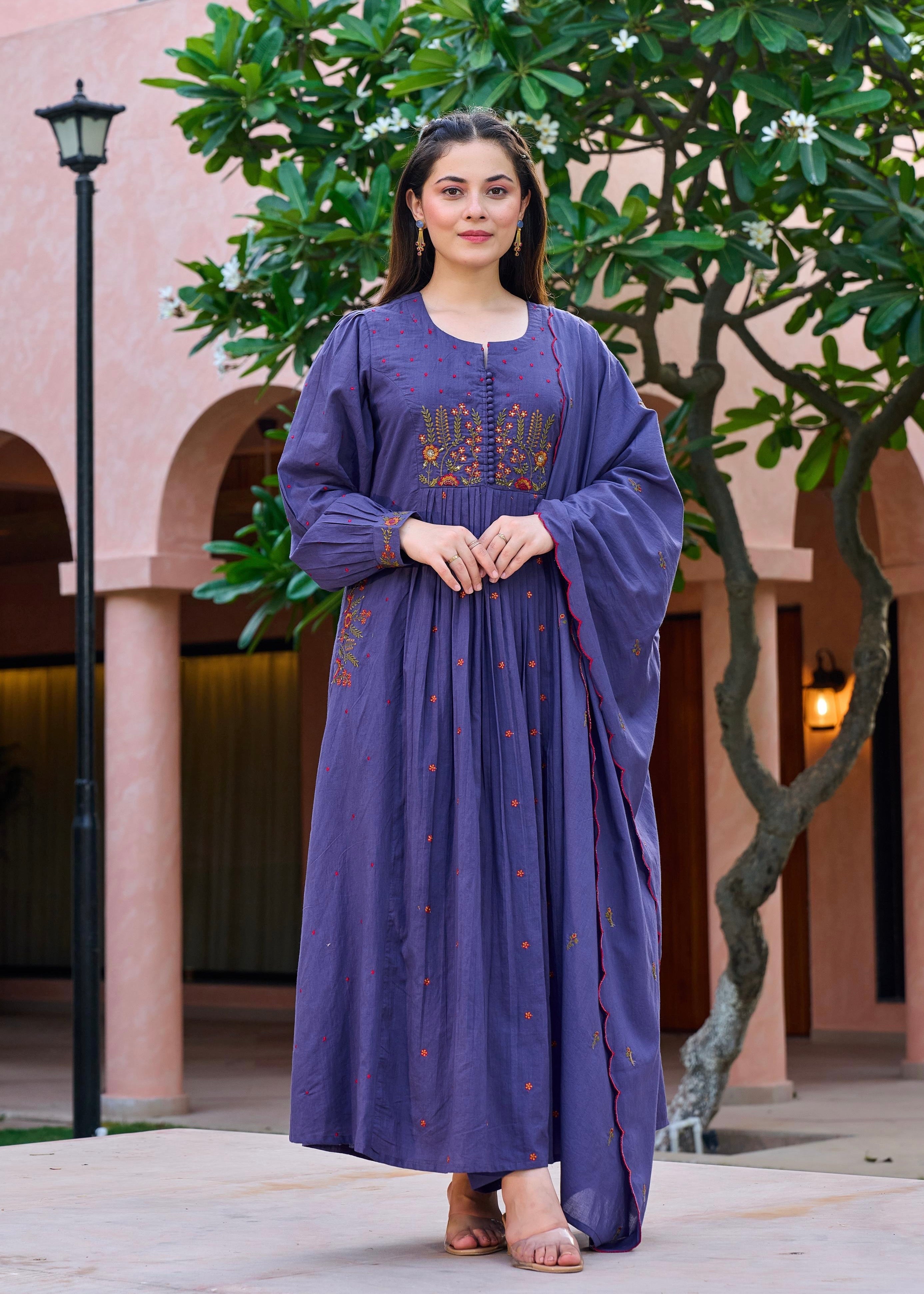 “Hera” Muted Purple Mulmul Anarkali suit set