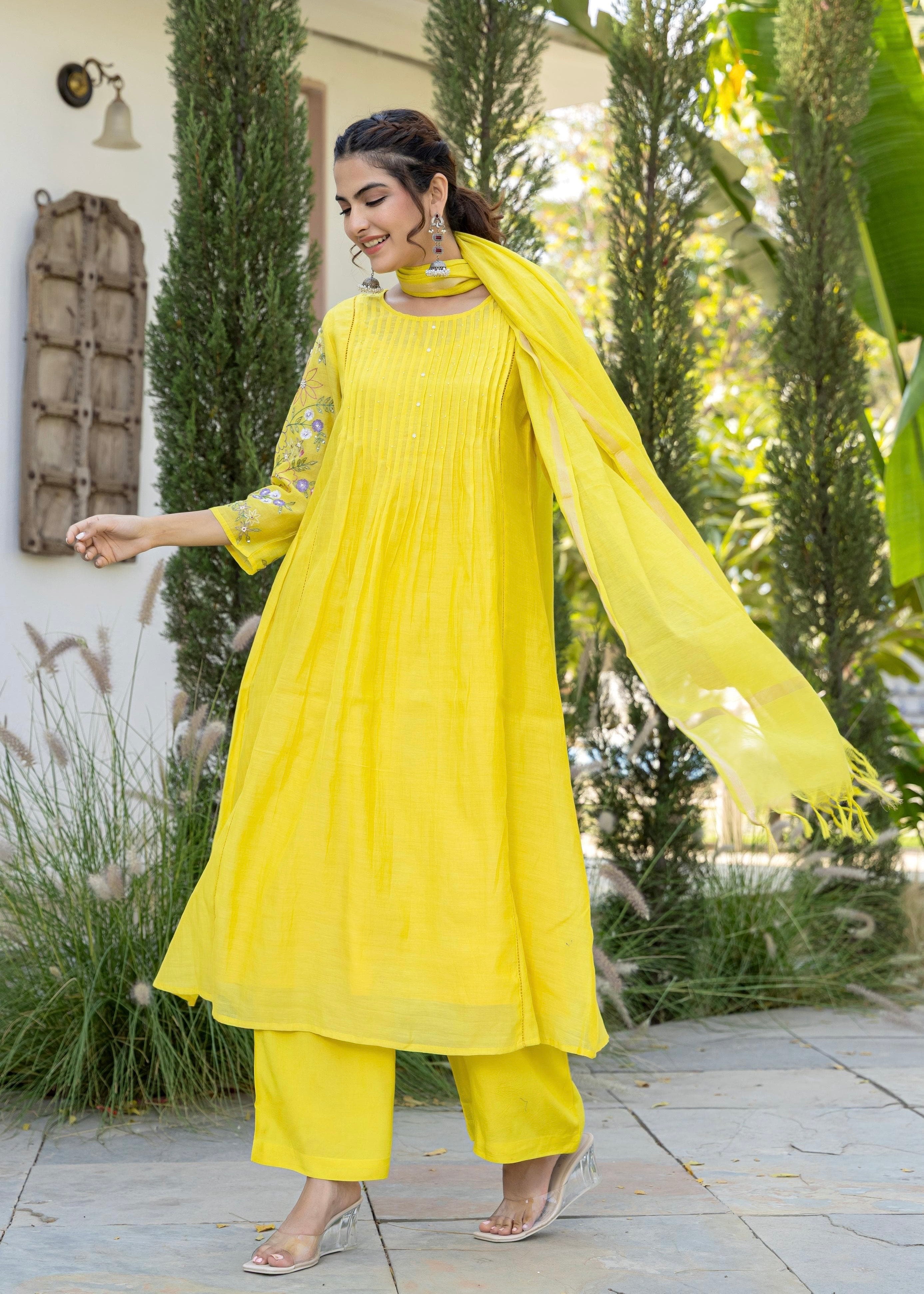 “Aanya” Bright Yellow Mul Chanderi Handwork Anarkali suit set
