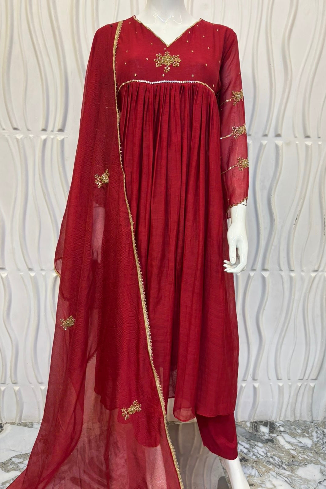 “Anya” Beautiful Red Mul Chanderi A line Anarkali Kurta Set