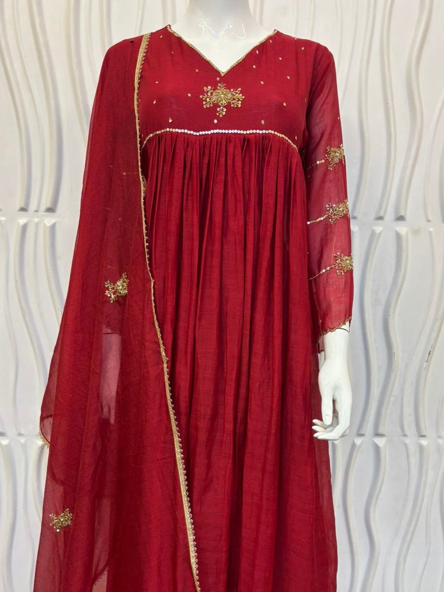 “Anya” Beautiful Red Mul Chanderi A line Anarkali Kurta Set