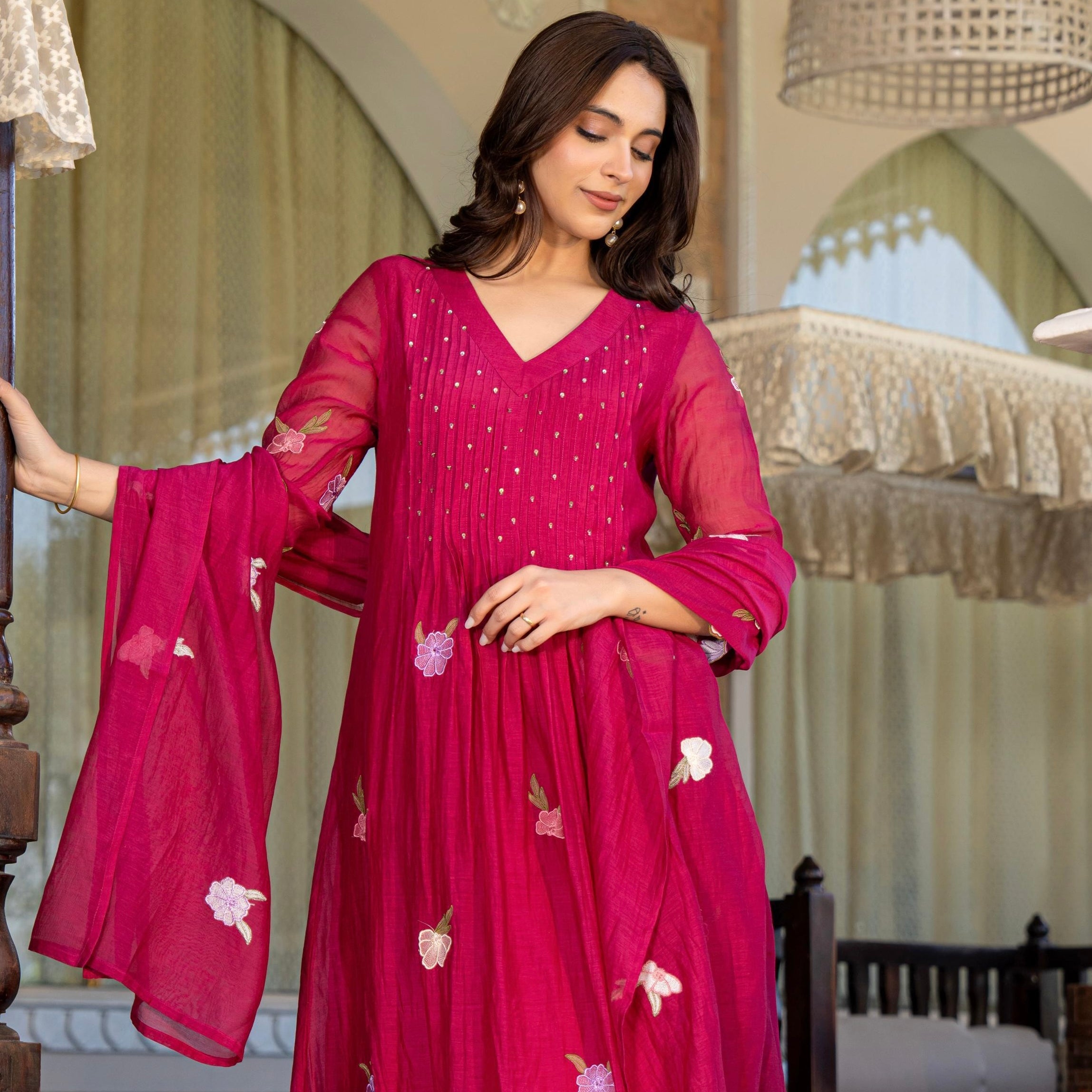 “Jhanvi” Luxury Mul Chanderi Anarkali Set | Appliqué Embroidery | Dupatta & Bottom