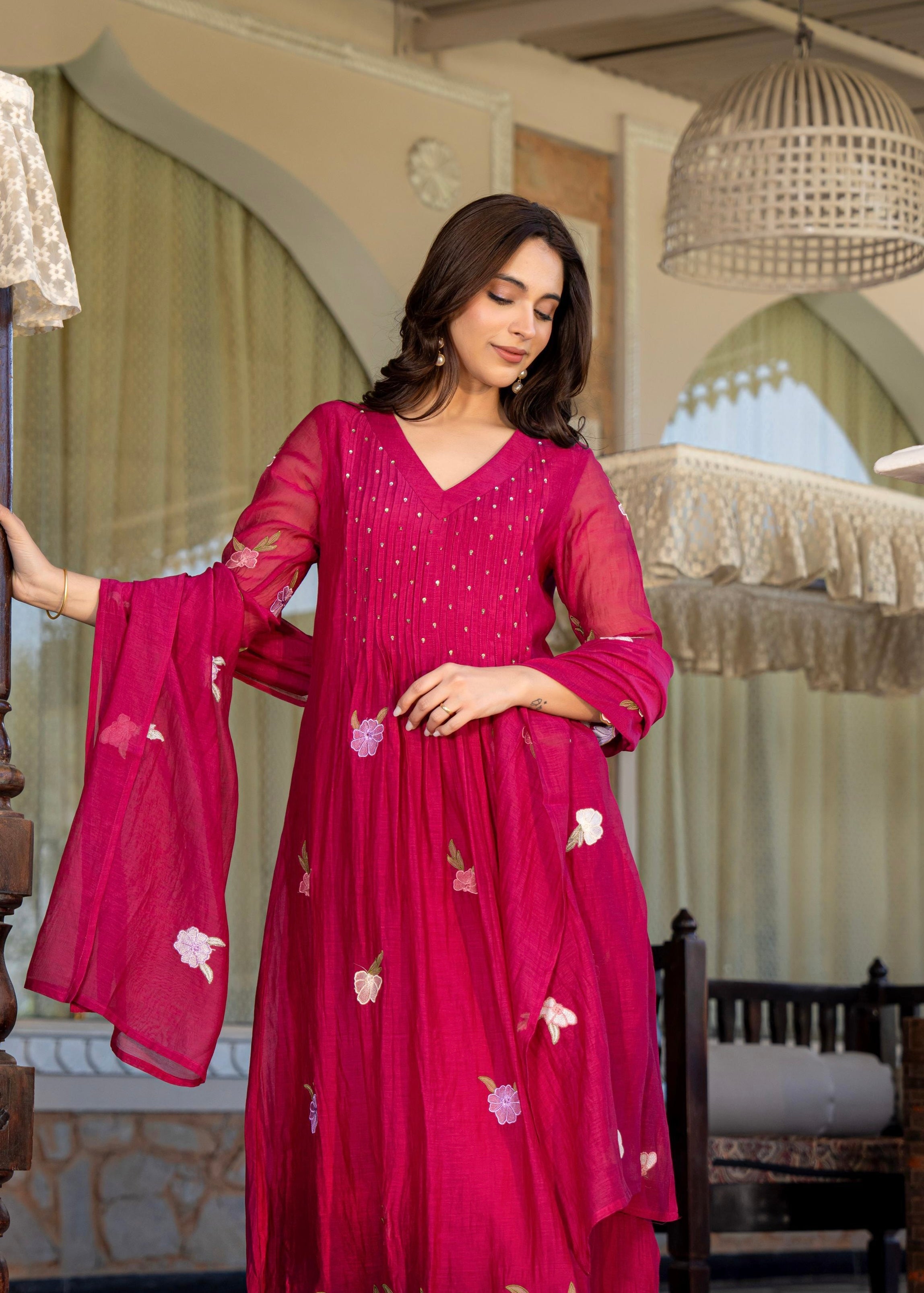 “Jhanvi” Luxury Mul Chanderi Anarkali Set | Appliqué Embroidery | Dupatta & Bottom