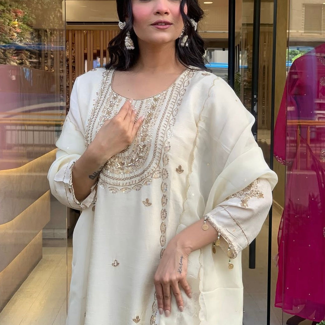 “Aylize” Elegant Dola Silk heavy handwork Kurta Set with Dupatta