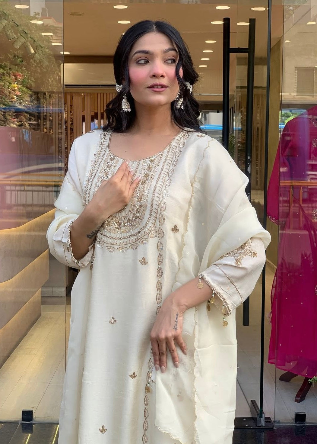 “Aylize” Elegant Dola Silk heavy handwork Kurta Set with Dupatta