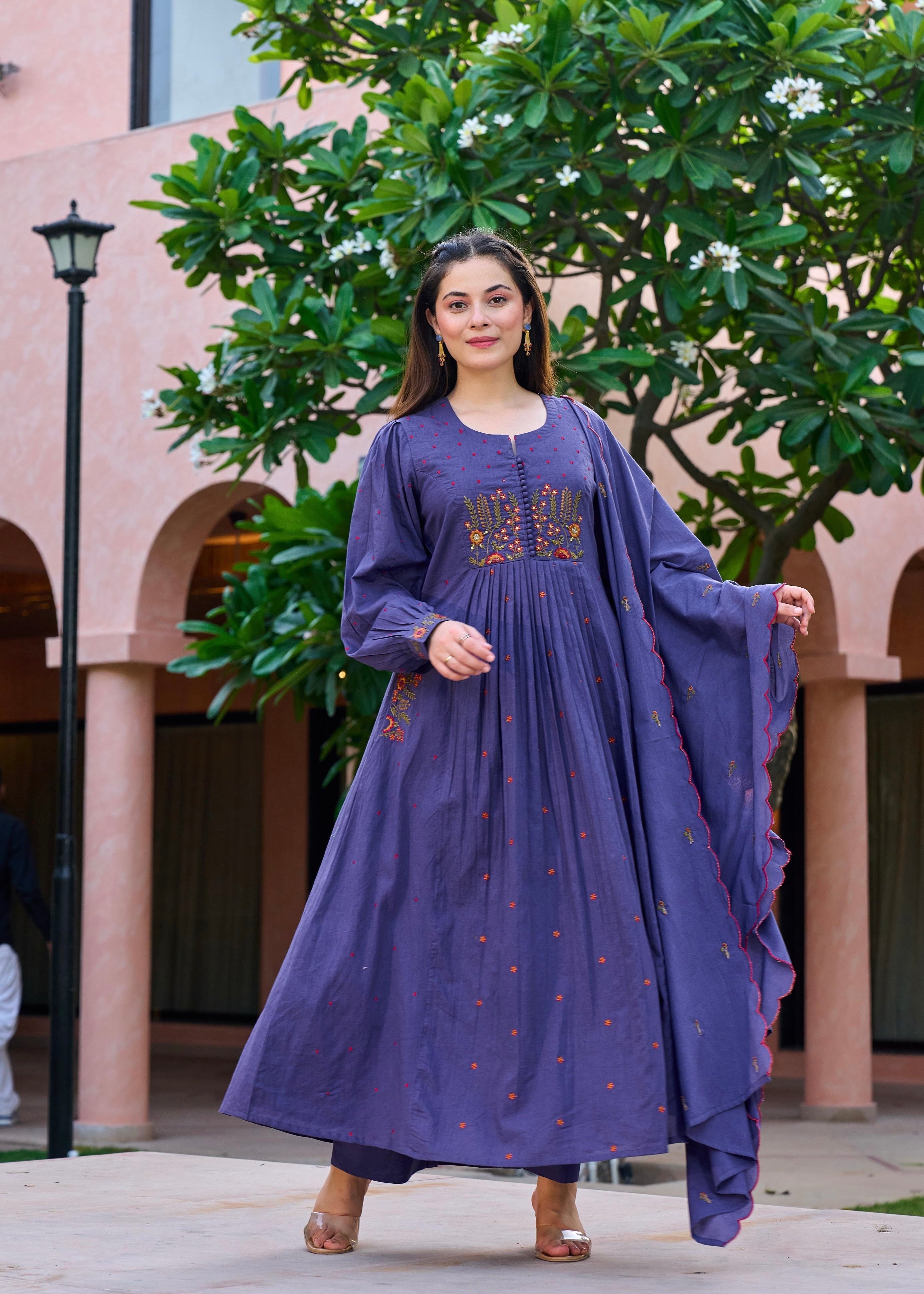 “Hera” Muted Purple Mulmul Anarkali suit set