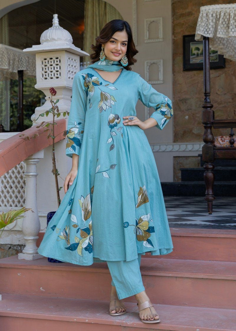 “Zoey” Premium Mulmul Hand brush print Anarkali suit