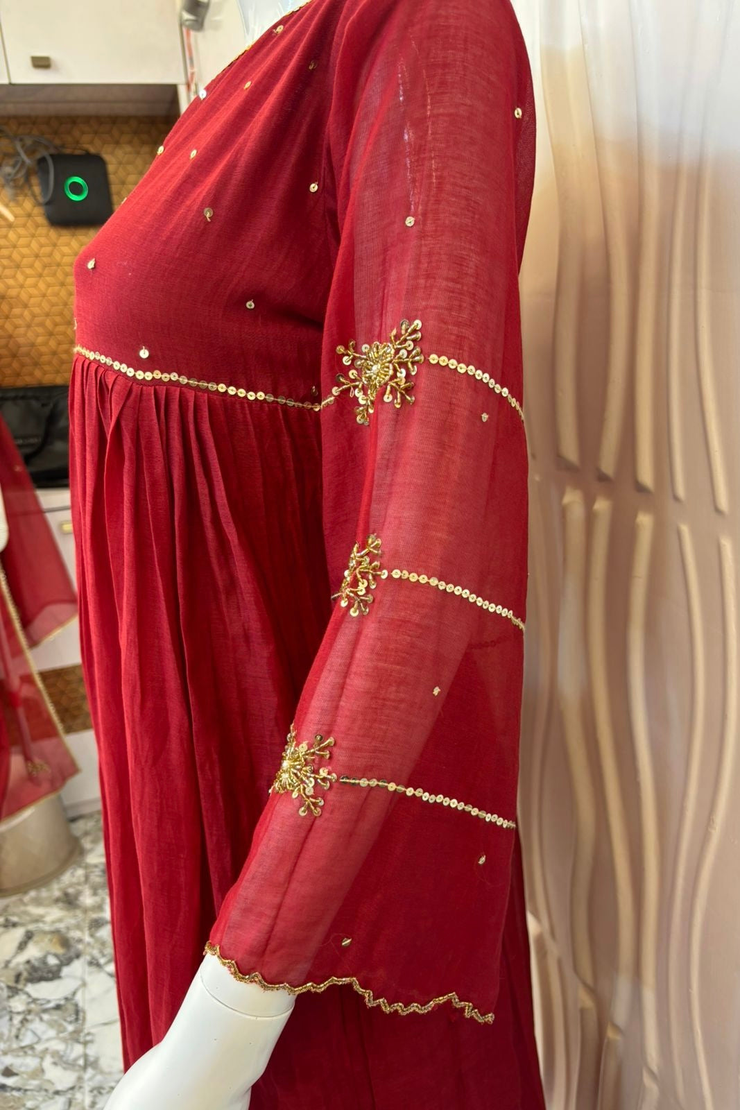 “Anya” Beautiful Red Mul Chanderi A line Anarkali Kurta Set