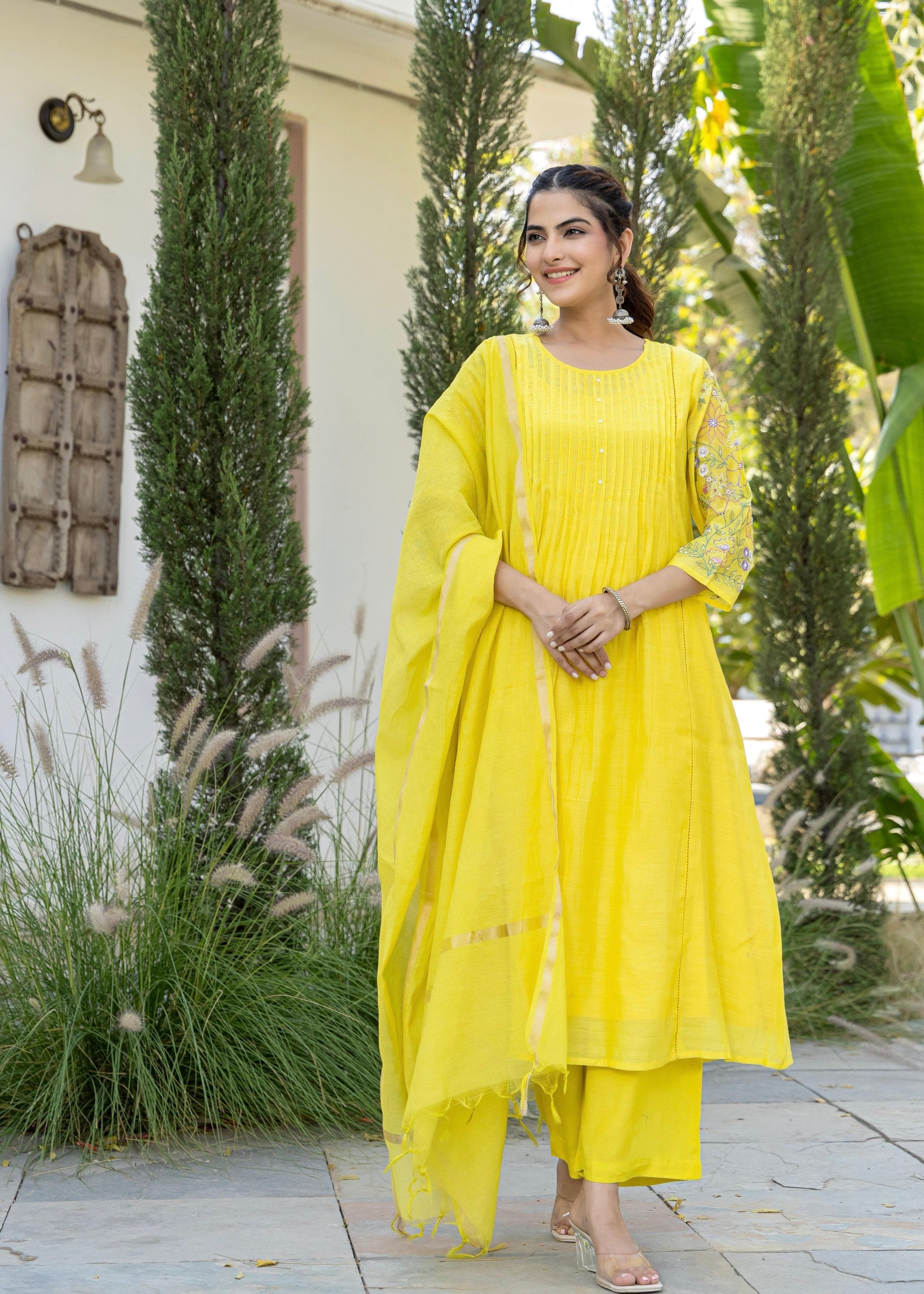 “Aanya” Bright Yellow Mul Chanderi Handwork Anarkali suit set