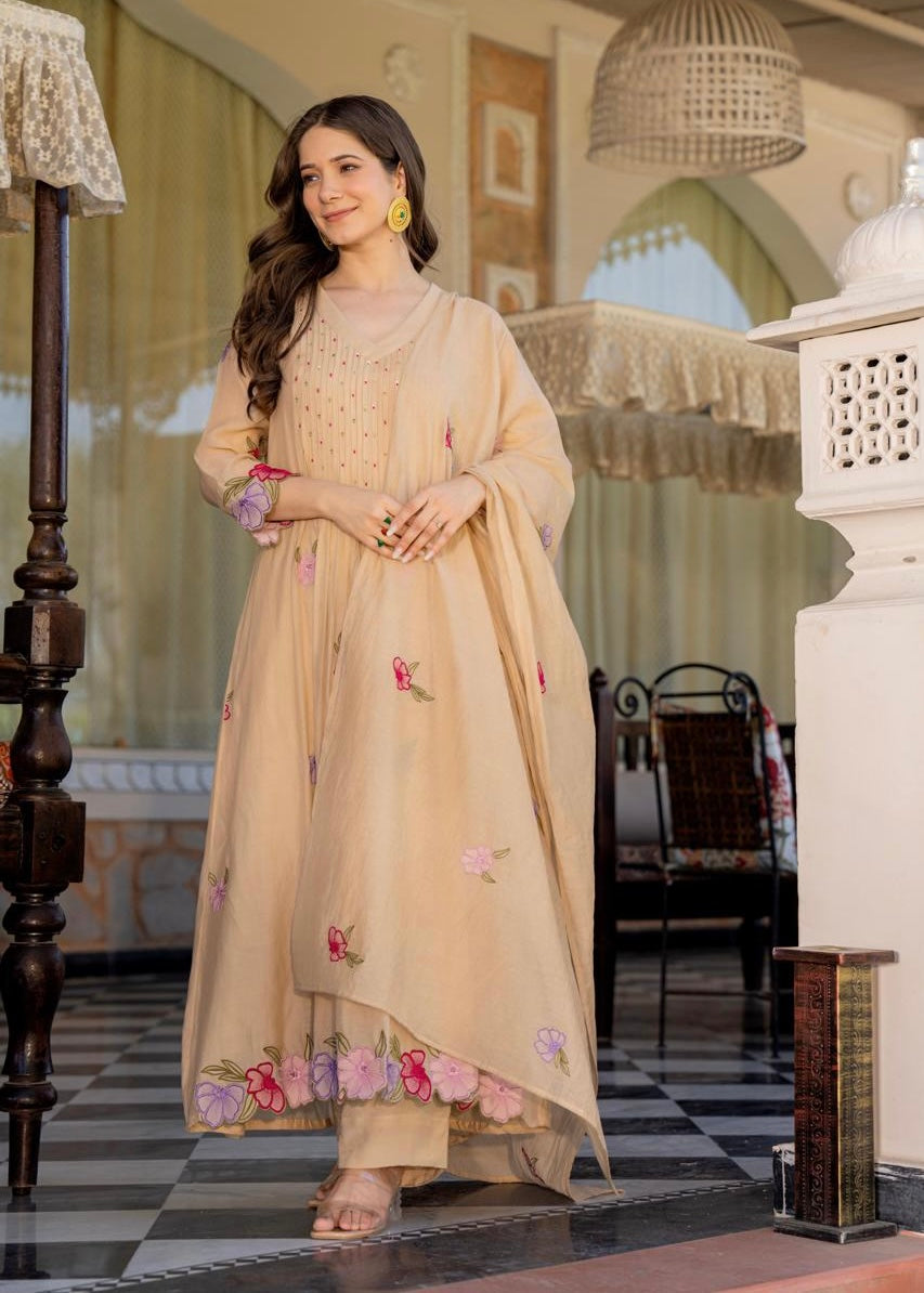 “Jhanvi” Luxury Mul Chanderi Anarkali Set | Appliqué Embroidery | Dupatta & Bottom