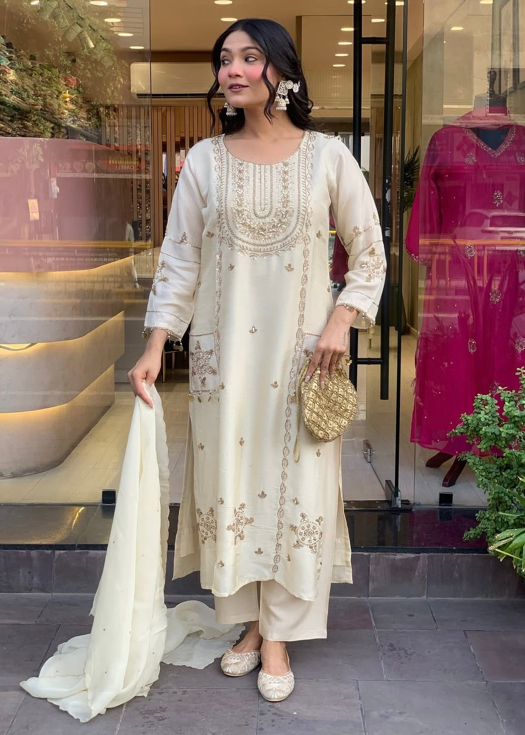 “Aylize” Elegant Dola Silk heavy handwork Kurta Set with Dupatta