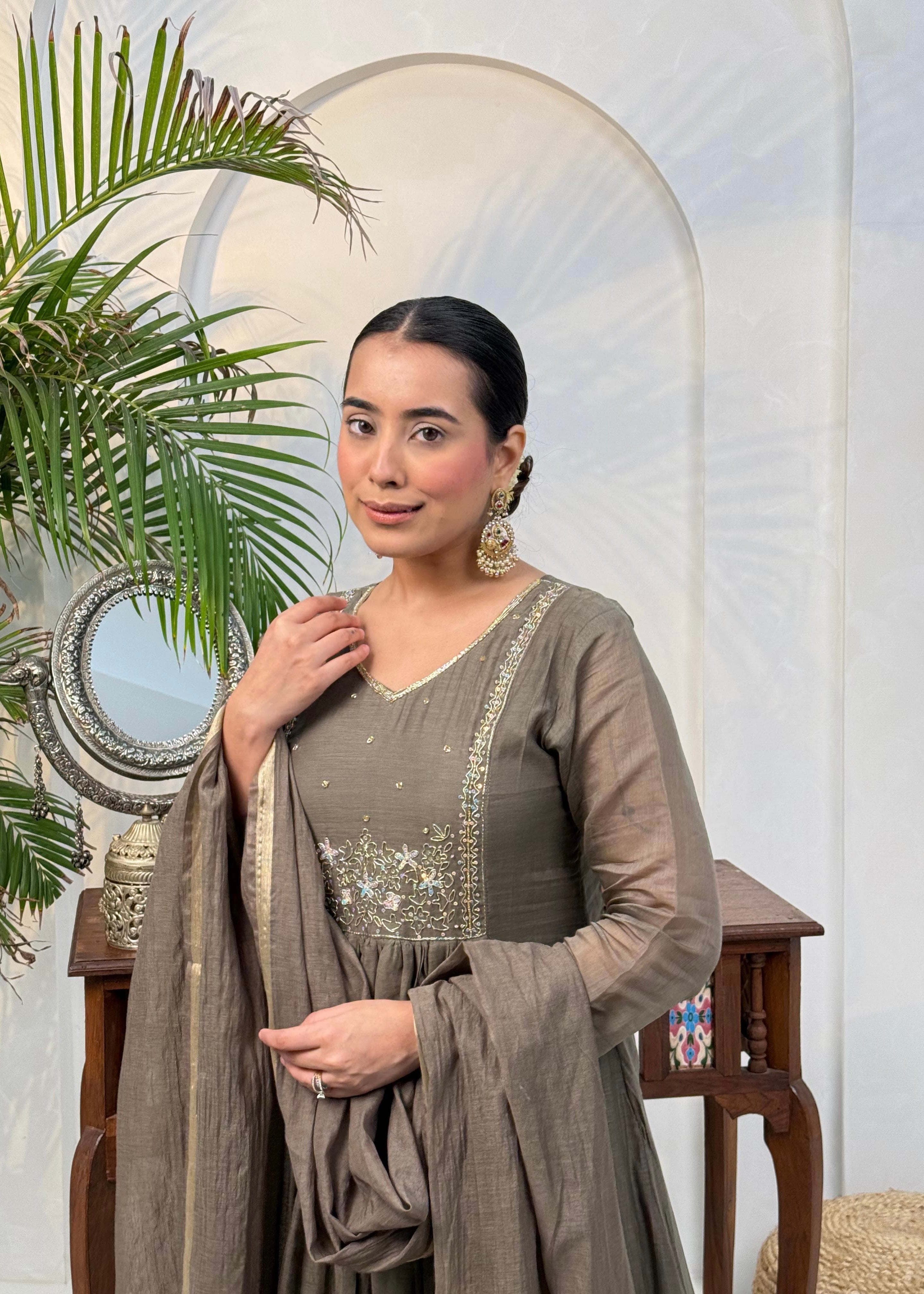 “Eiryan” Olive Brown Mul Chanderi Handwork Anarkali suit set