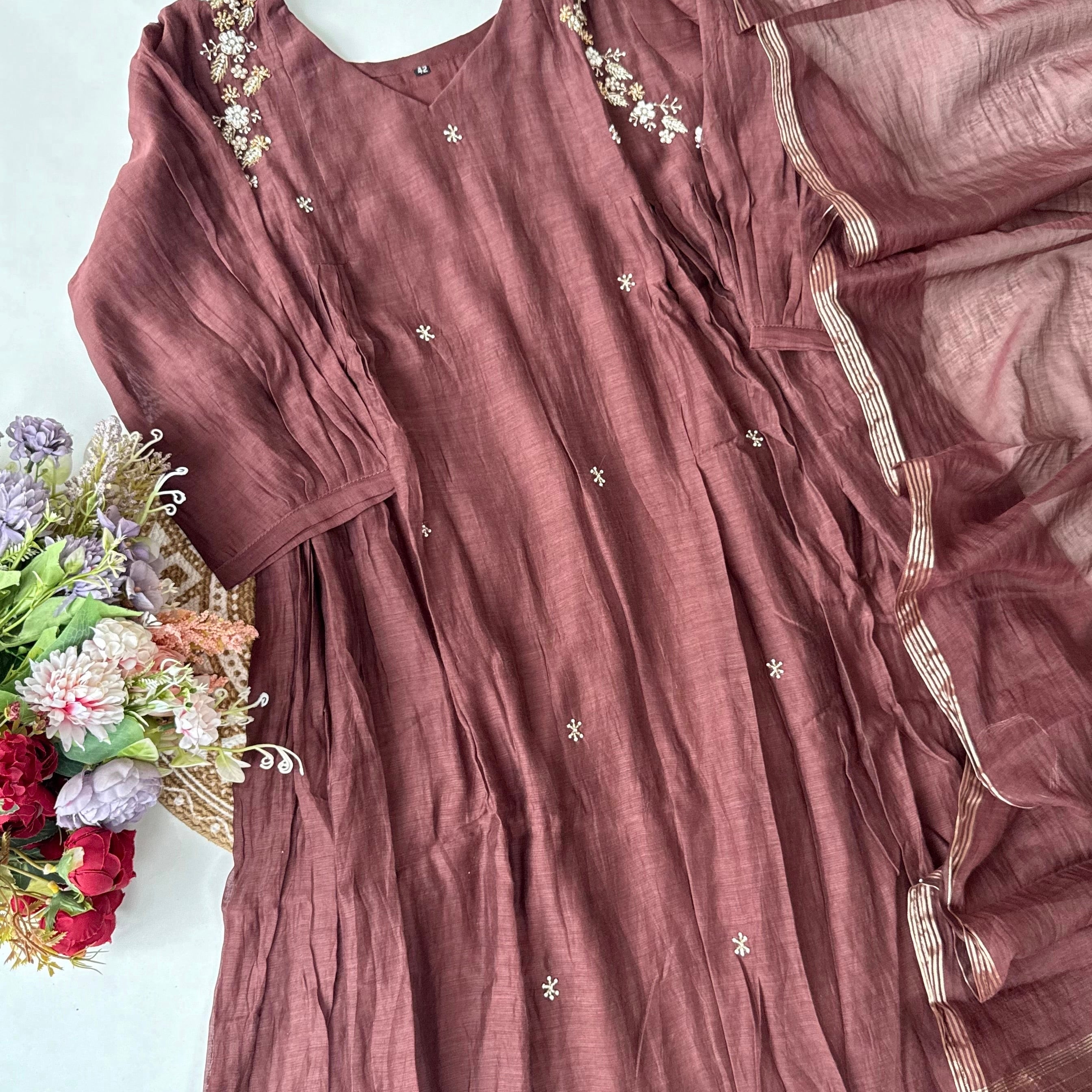 “Zayna” Premium Rich Brown Mul Chanderi anarkali kurta set
