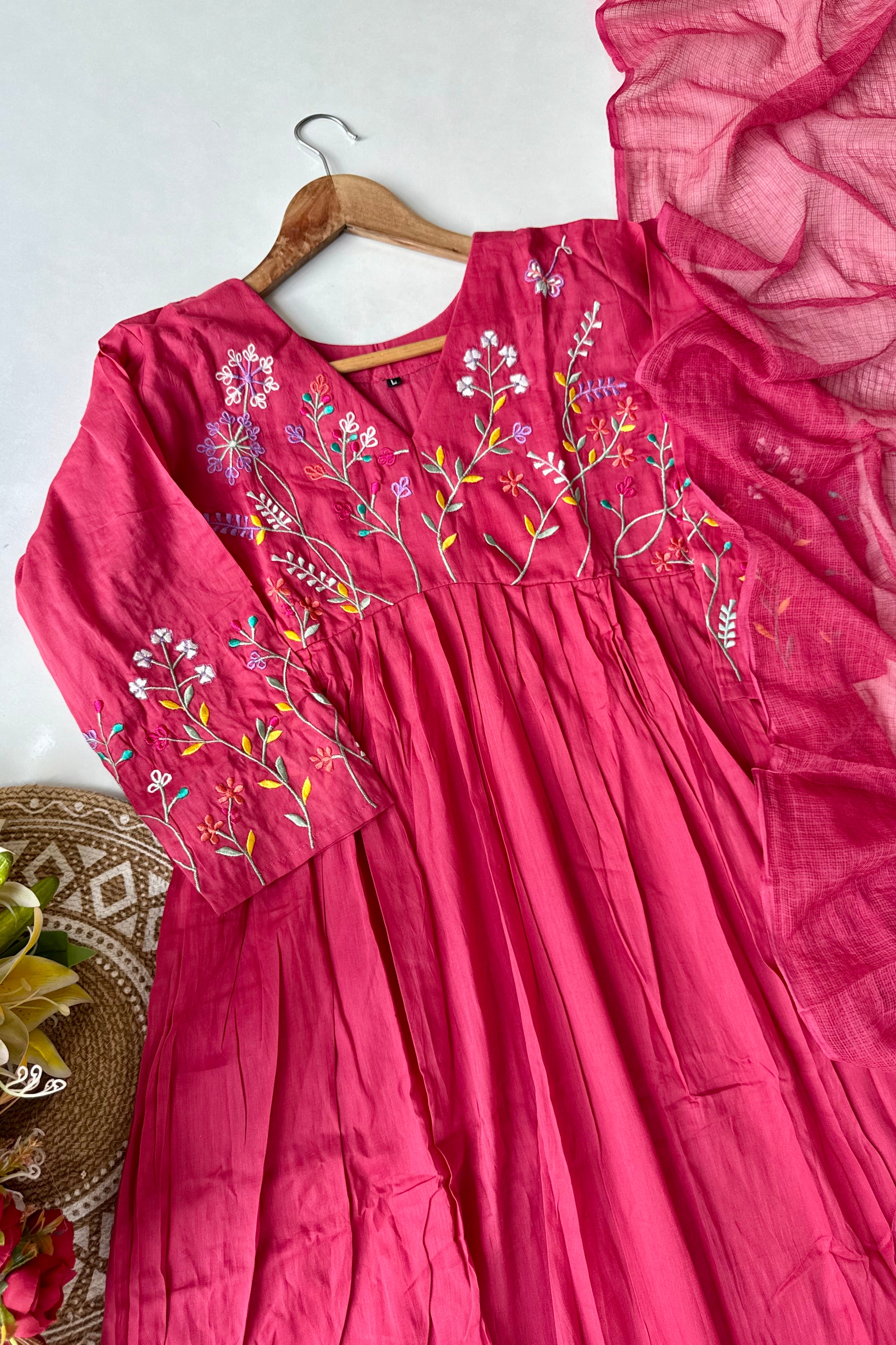 “Ziva” Beautiful Pink Mul Cotton Embroidered Anarkali Kurta Set