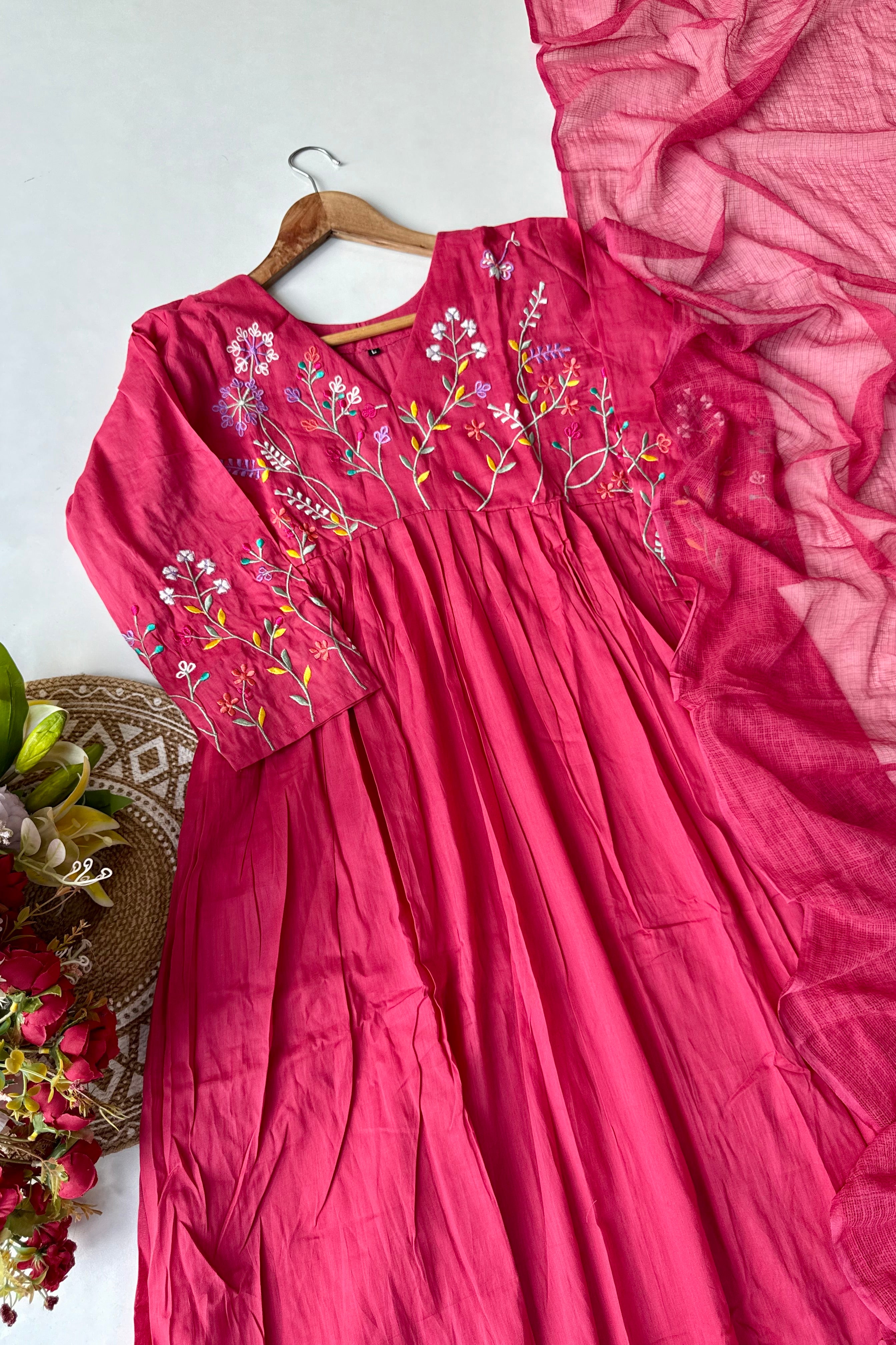 “Ziva” Beautiful Pink Mul Cotton Embroidered Anarkali Kurta Set