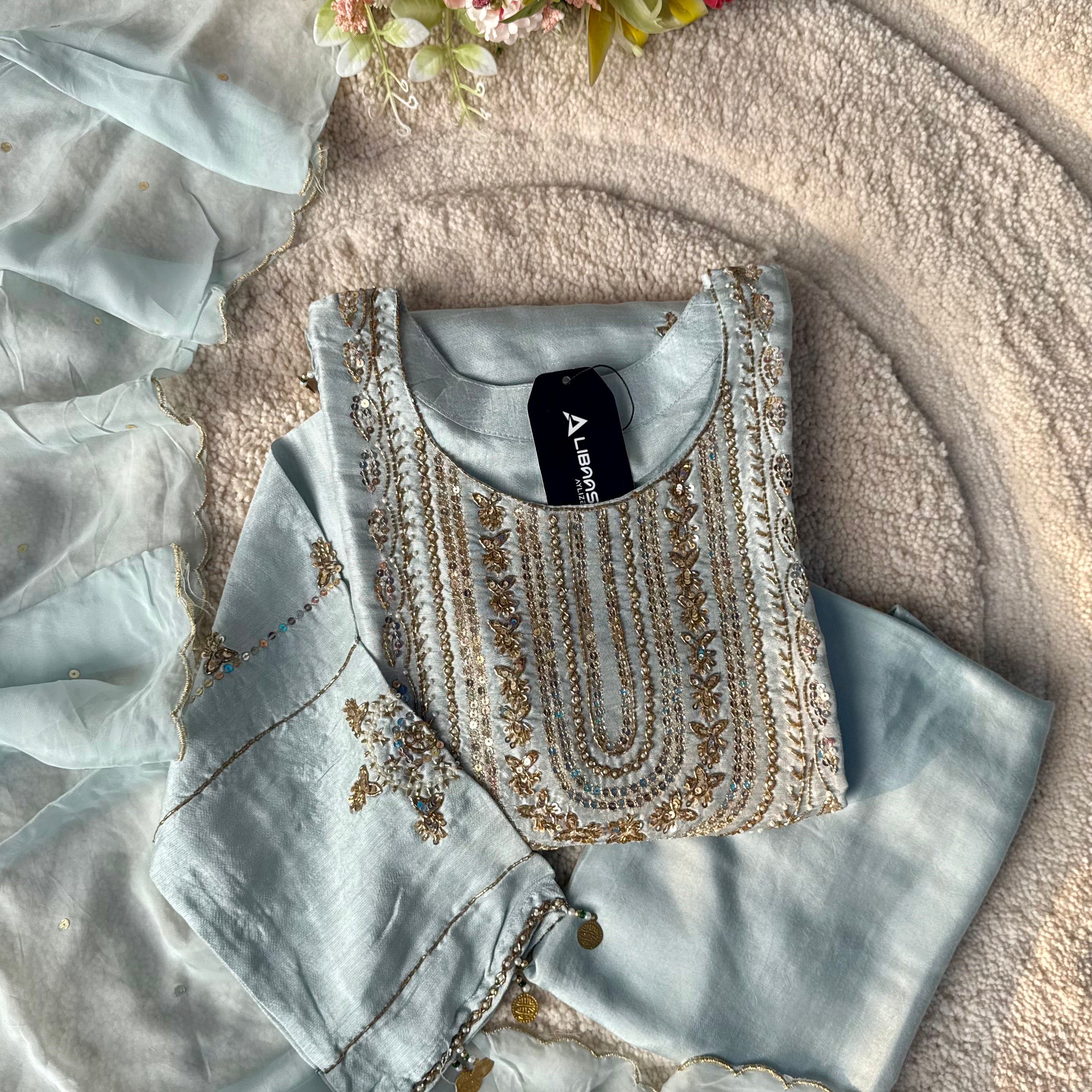 “Aylize” Elegant Dola Silk heavy handwork Kurta Set with Dupatta