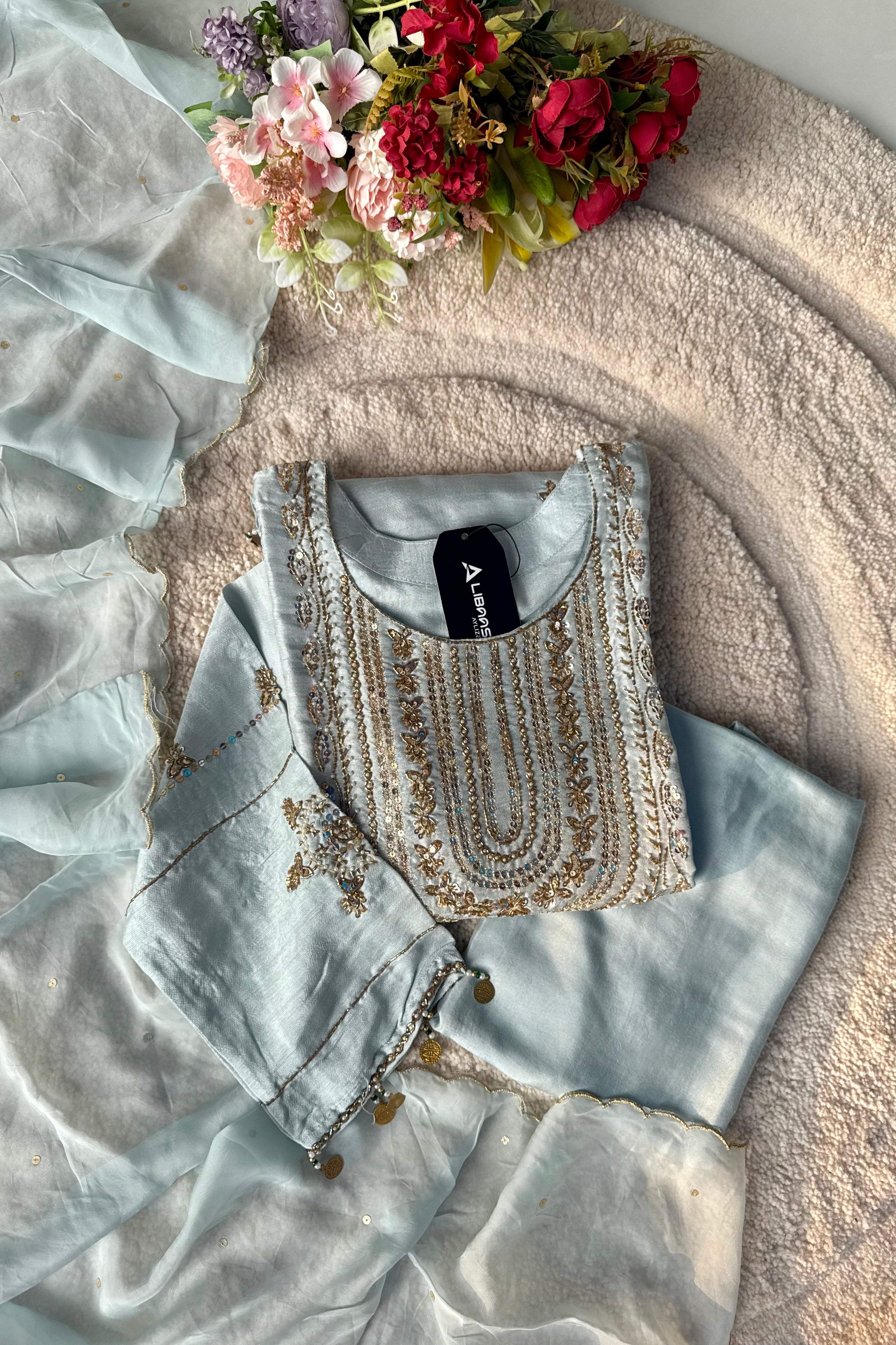 “Aylize” Elegant Dola Silk heavy handwork Kurta Set with Dupatta