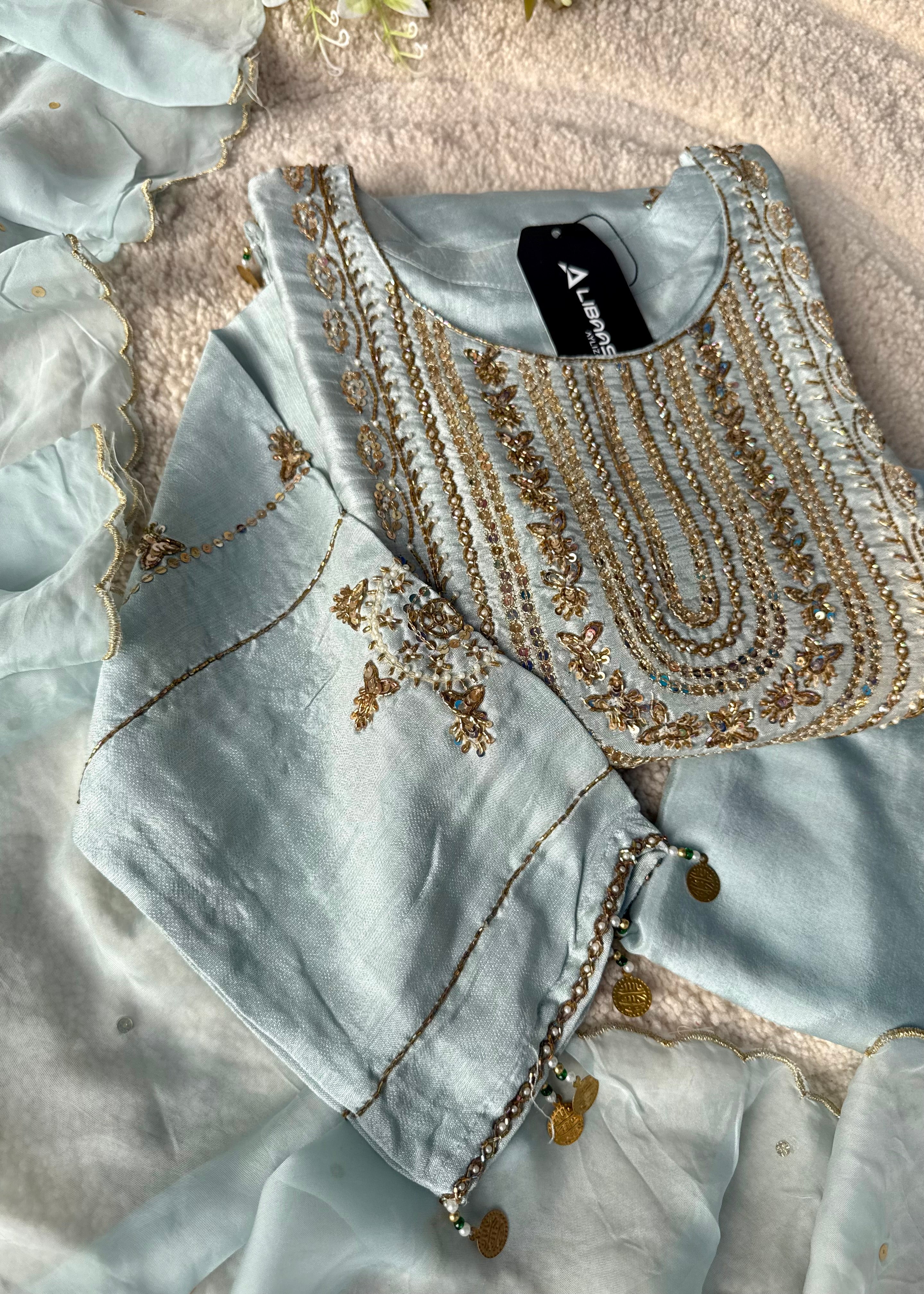 “Aylize” Elegant Dola Silk heavy handwork Kurta Set with Dupatta