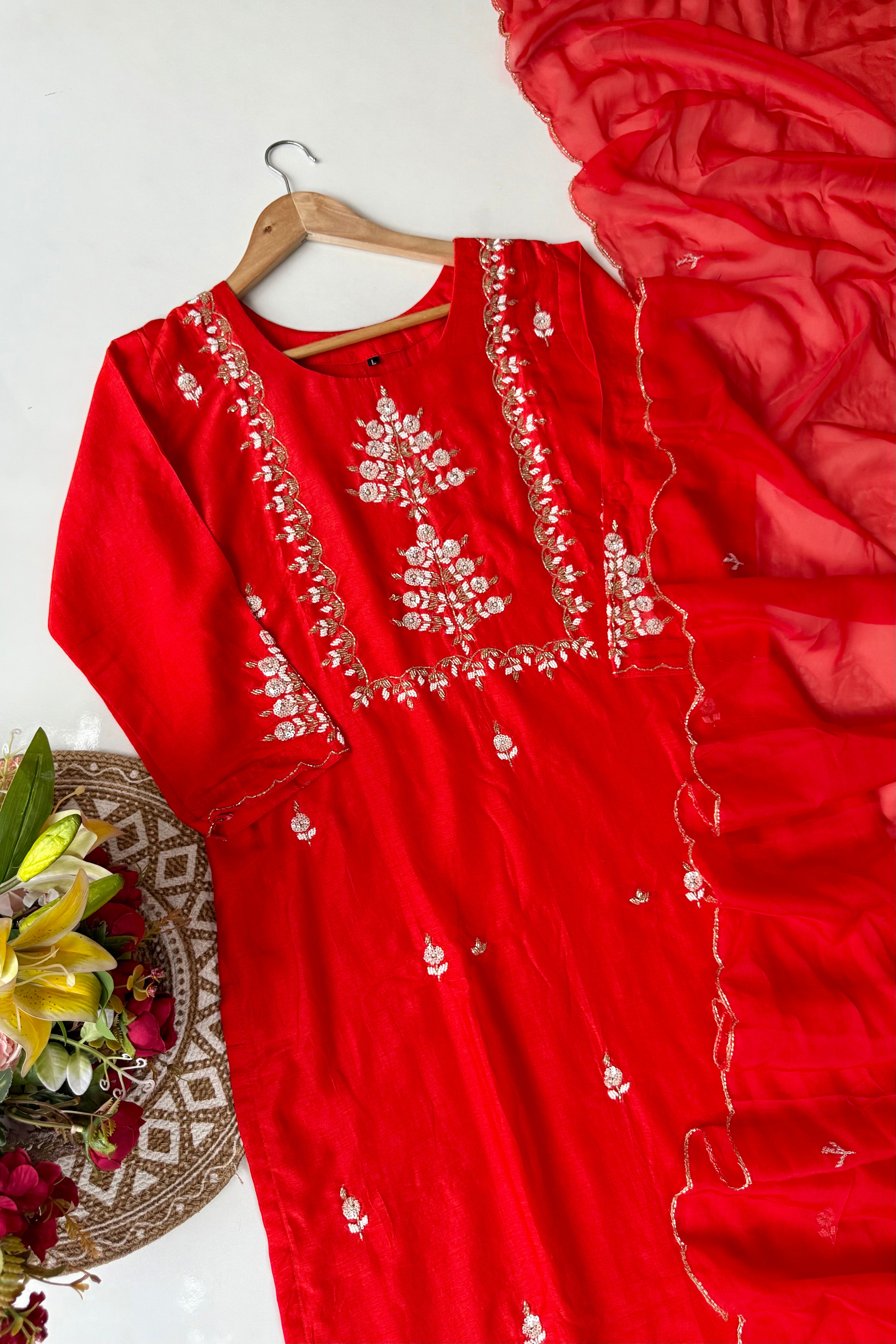 “Orange” Partywear Orange heavy handwork Dola Silk Kurta Set