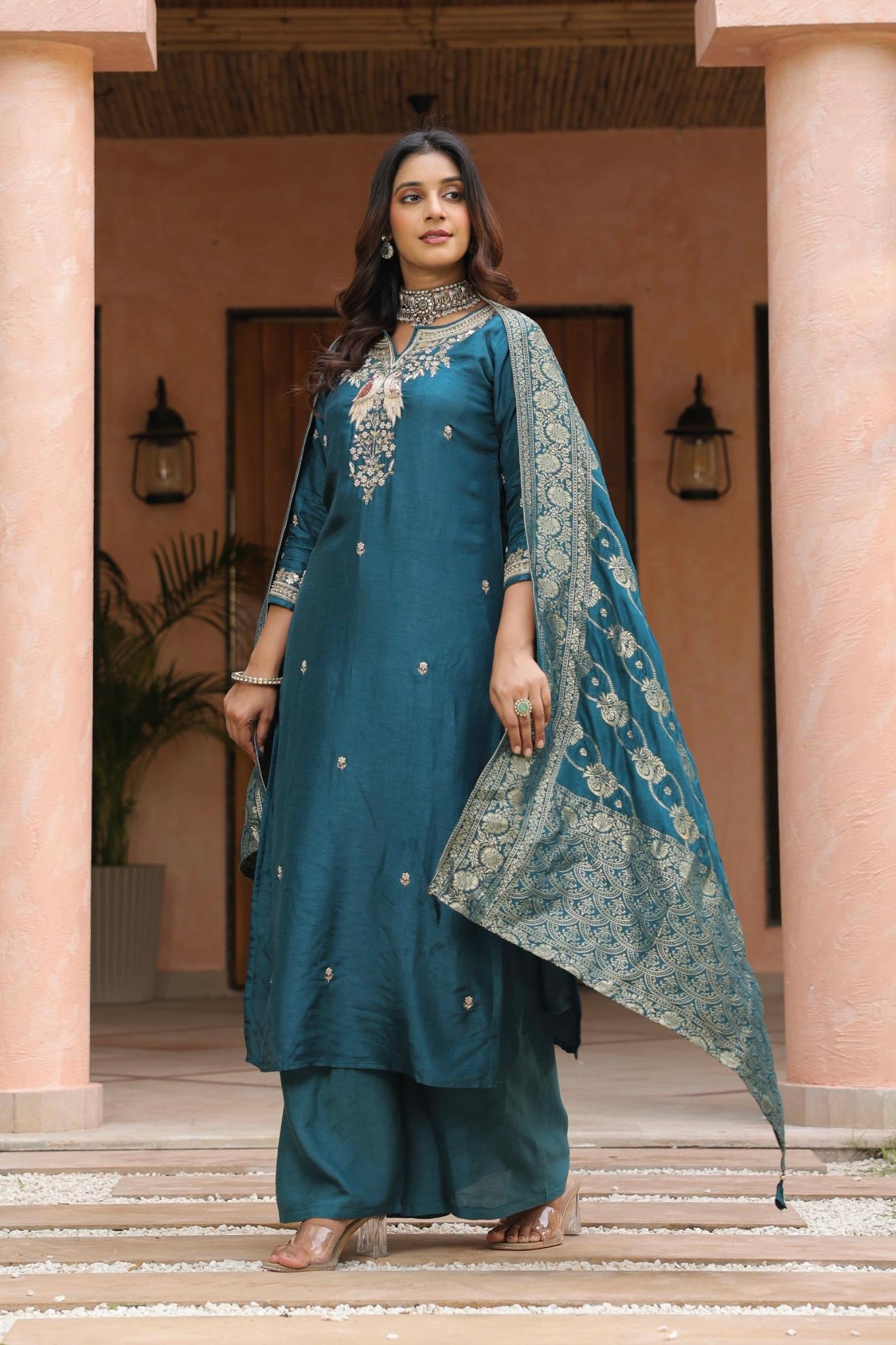 “Roses” Premium Wine Dola Silk handcrafted kurti bottom with Banarsi dupatta set