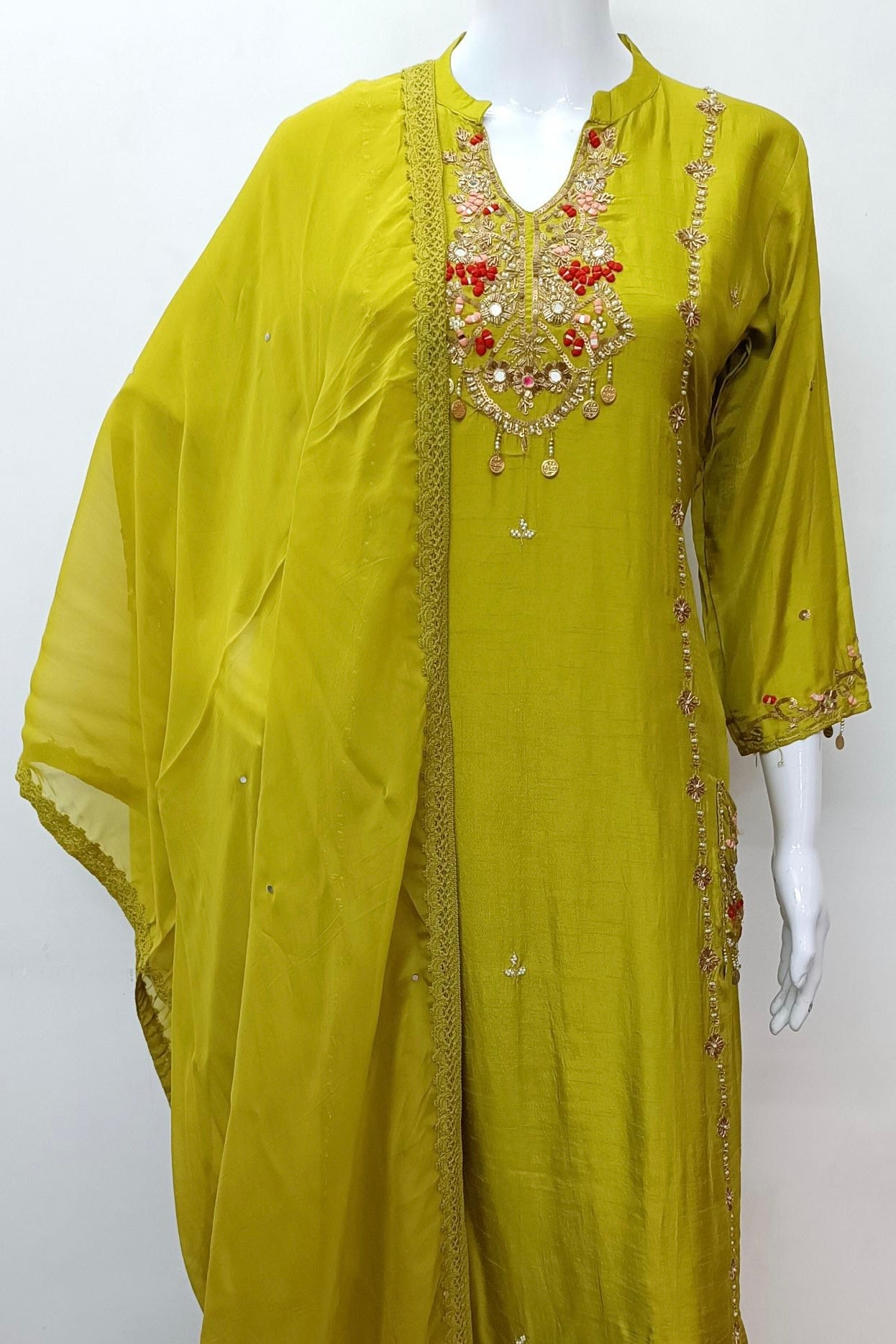 “Lime” Lime Green Dola Silk Heavy Handwork Suit Set