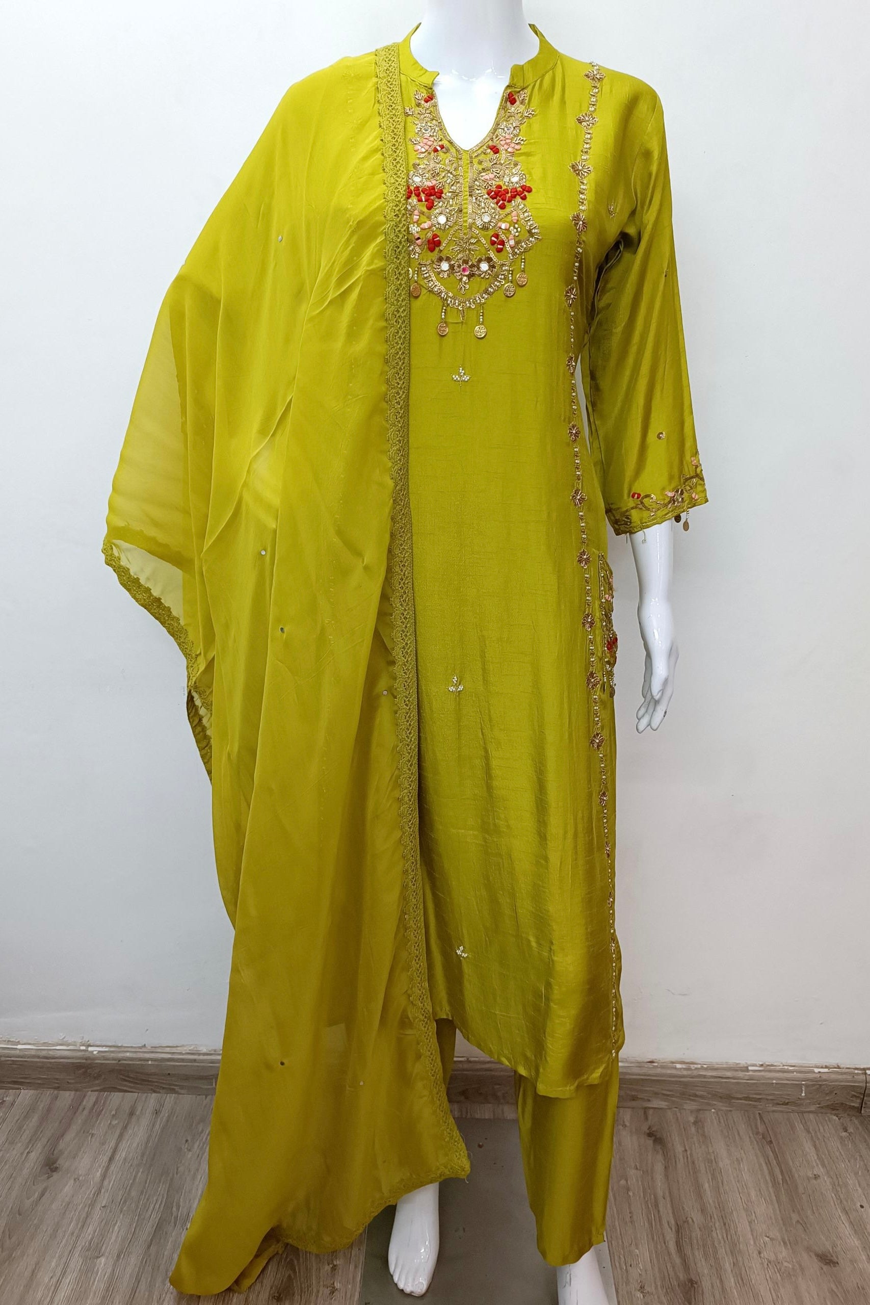 “Lime” Lime Green Dola Silk Heavy Handwork Suit Set