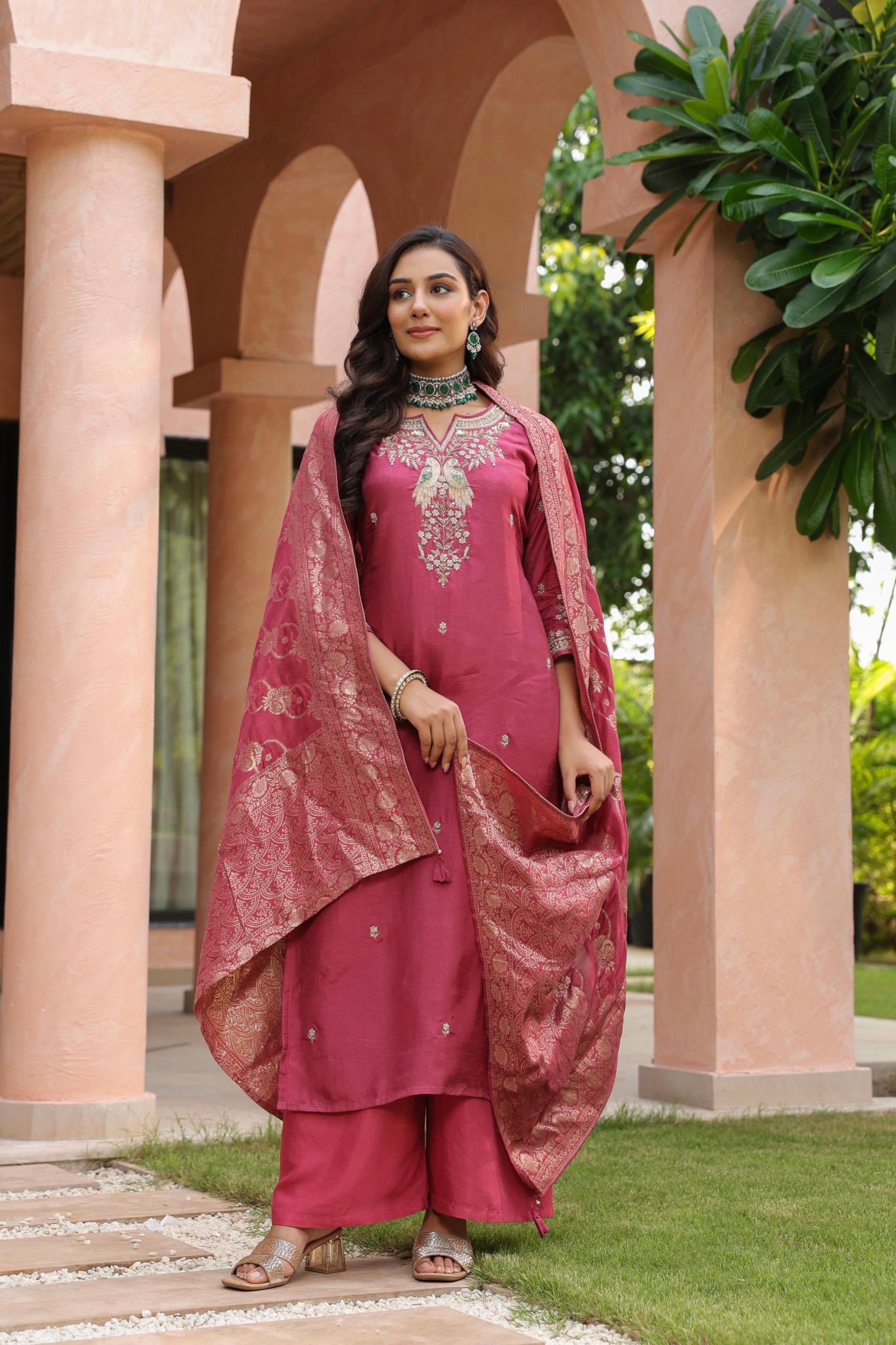 “Roses” Premium Wine Dola Silk handcrafted kurti bottom with Banarsi dupatta set