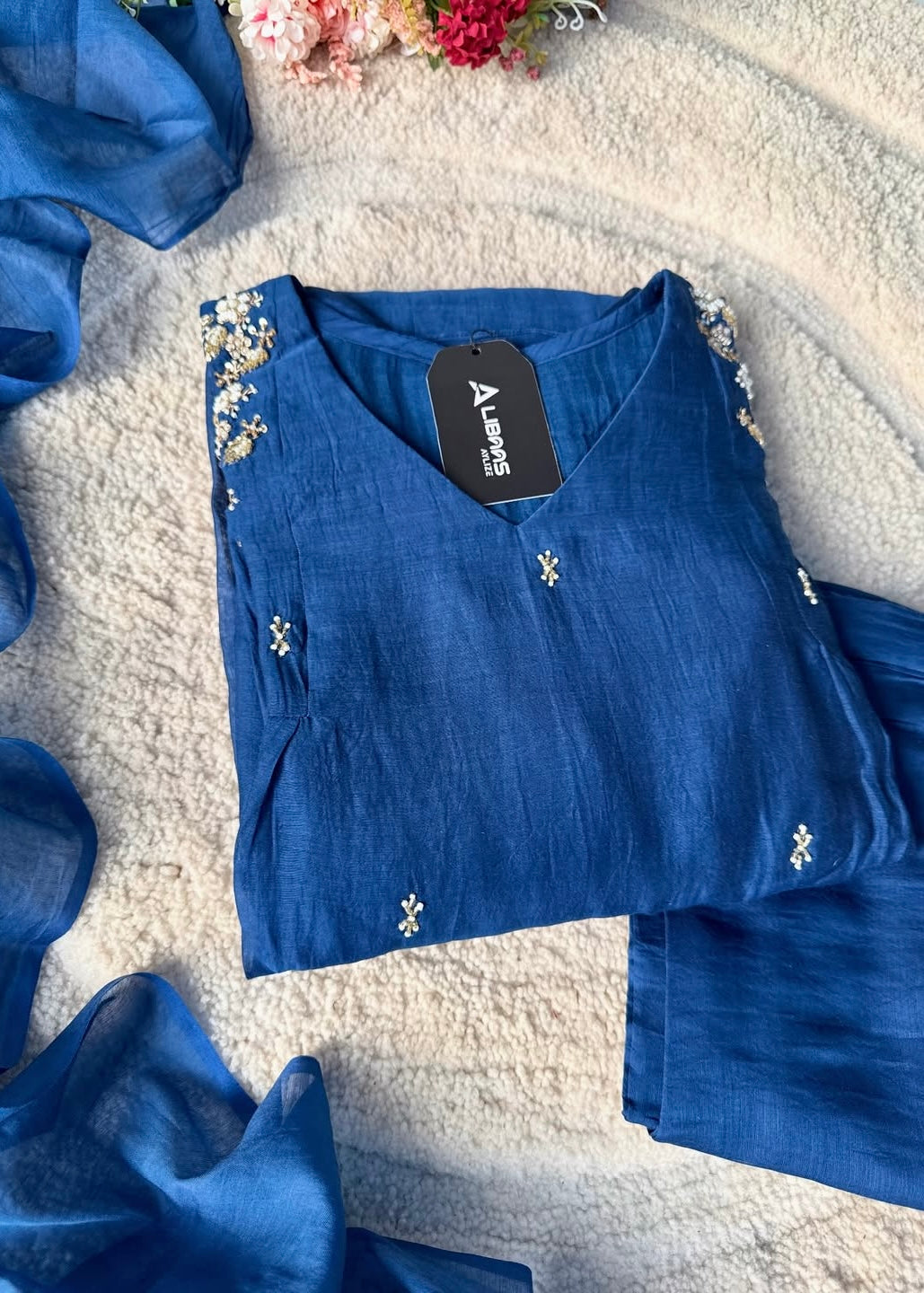 “Zayna” Premium Blue Mul Chanderi anarkali kurta set