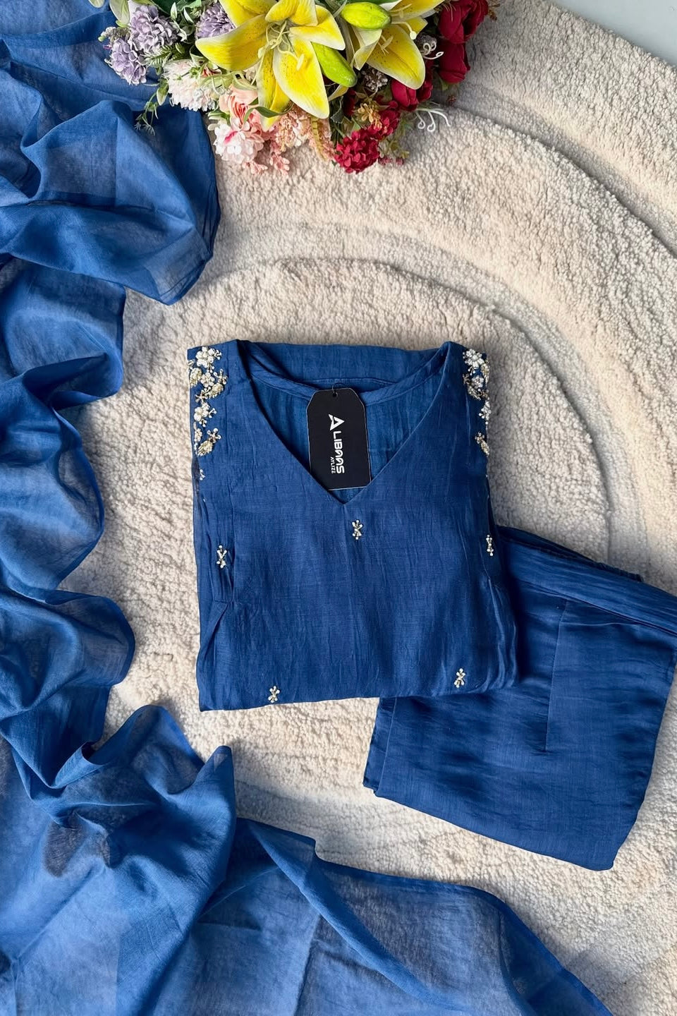 “Zayna” Premium Blue Mul Chanderi anarkali kurta set