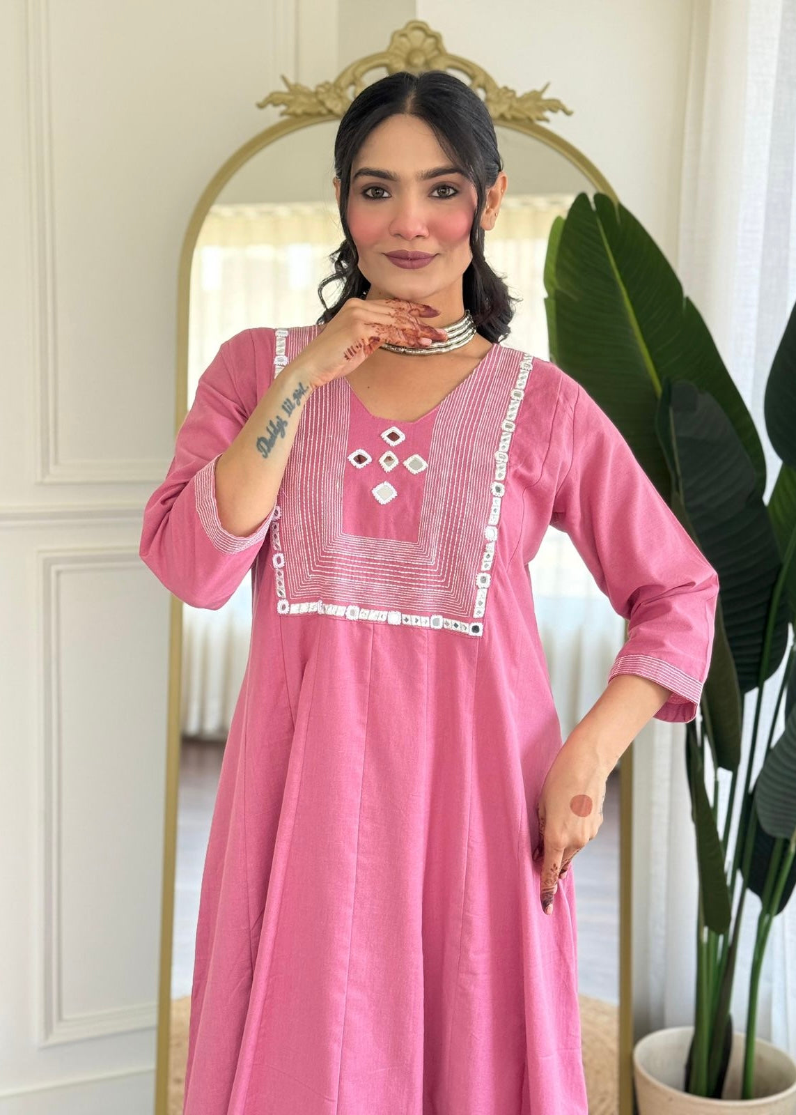 “IRYA" Premium Mirror work cotton A line kurta set