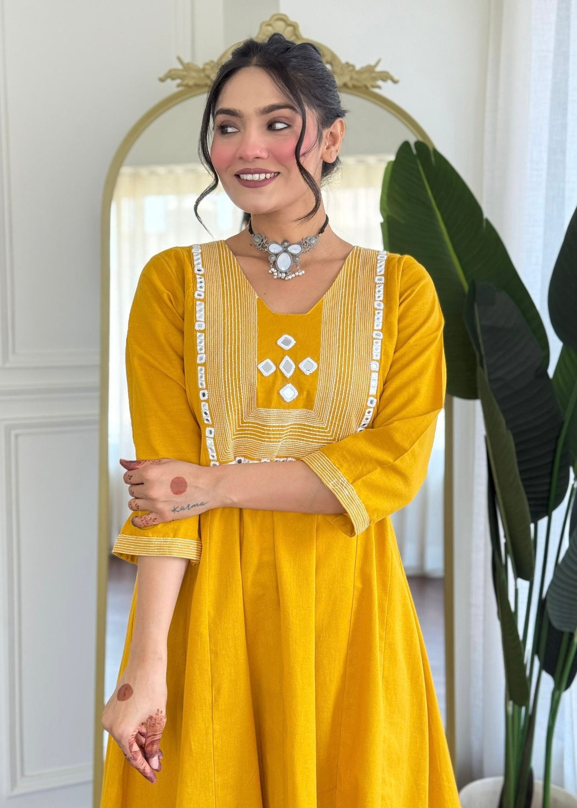 “IRYA" Premium Mirror work cotton A line kurta set