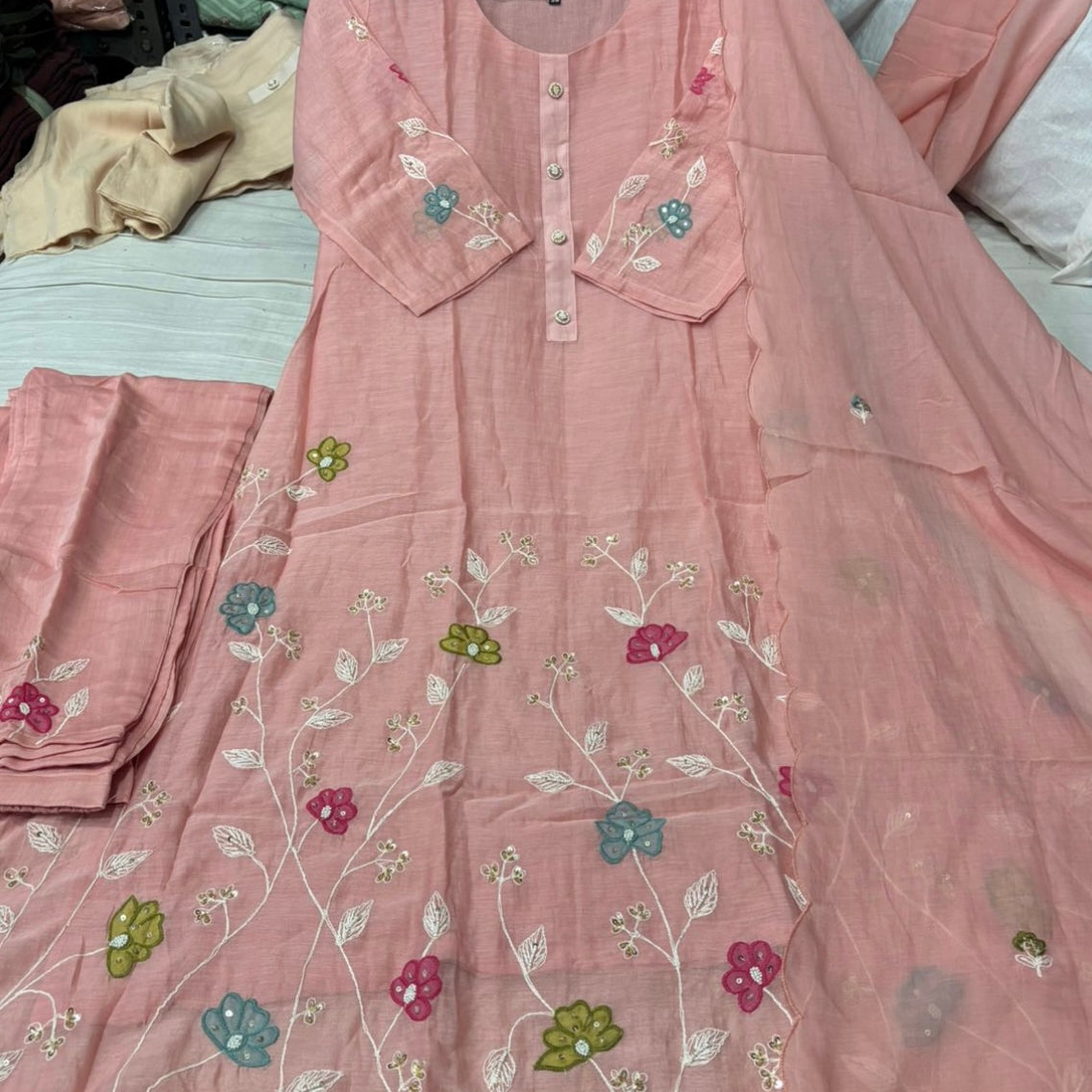“Wow” Mul Chanderi Applique Embroidered A line Kurta Set