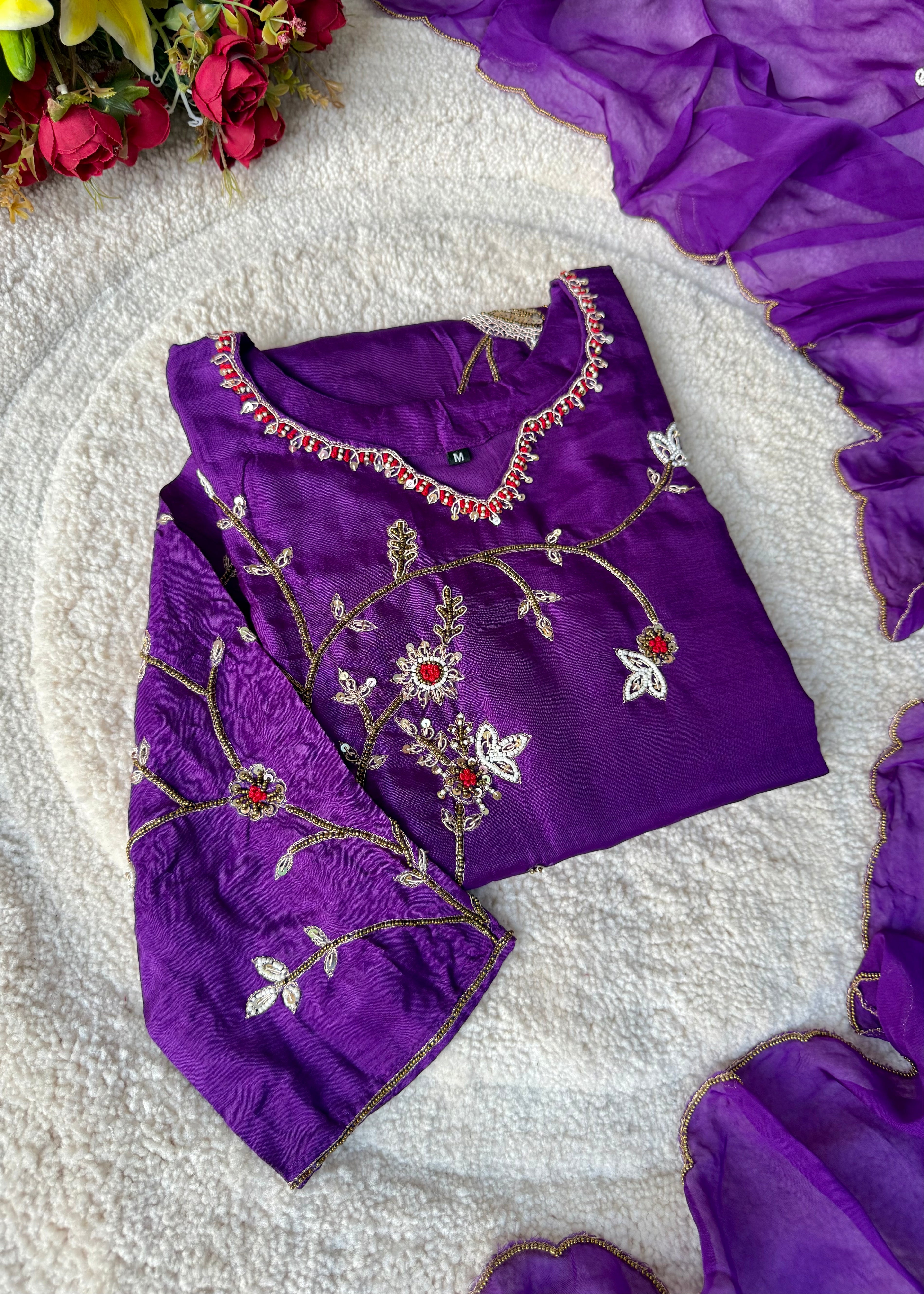 “Peacock” Royal Purple Dola Silk Peacock Handwork Suit Set