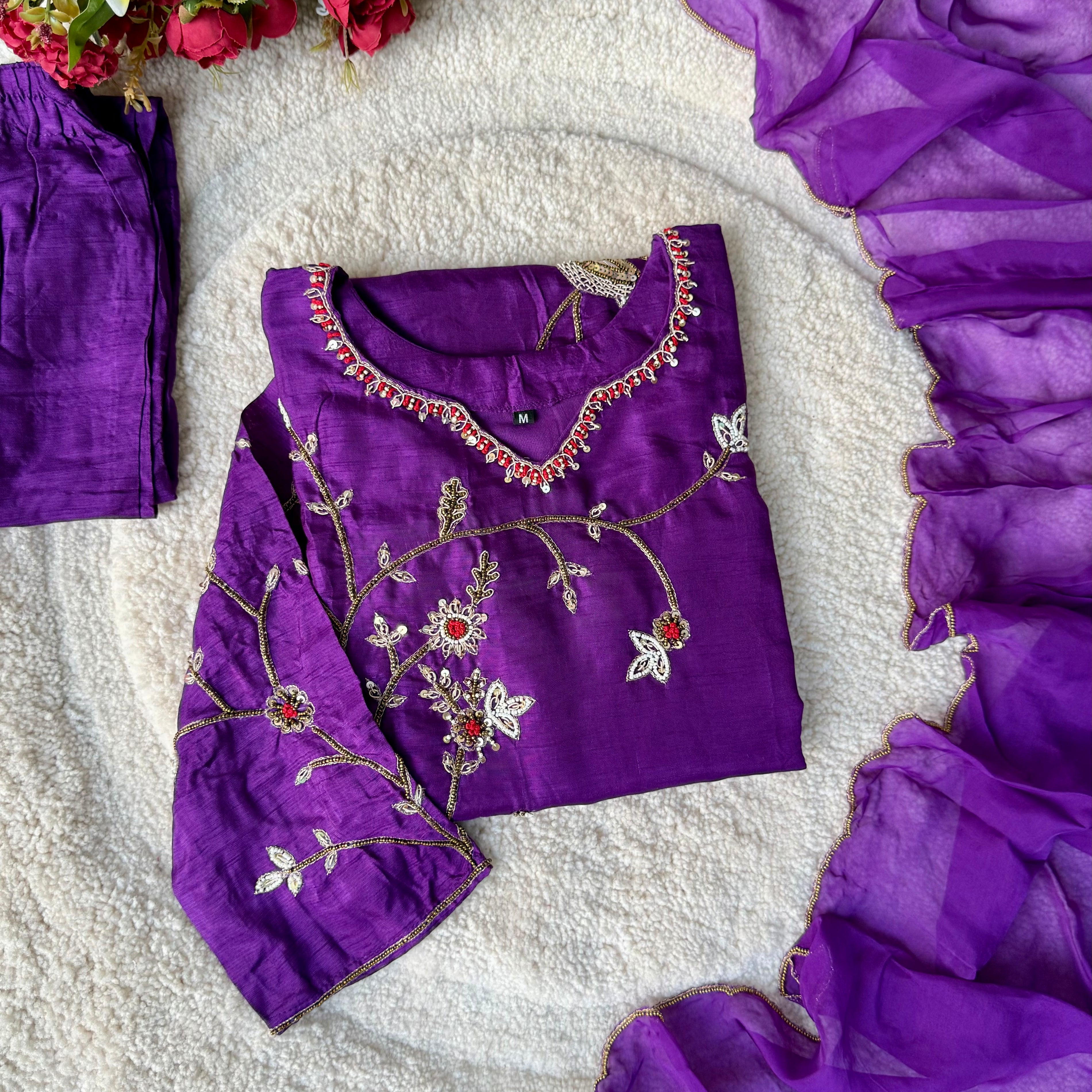 “Peacock” Royal Purple Dola Silk Peacock Handwork Suit Set