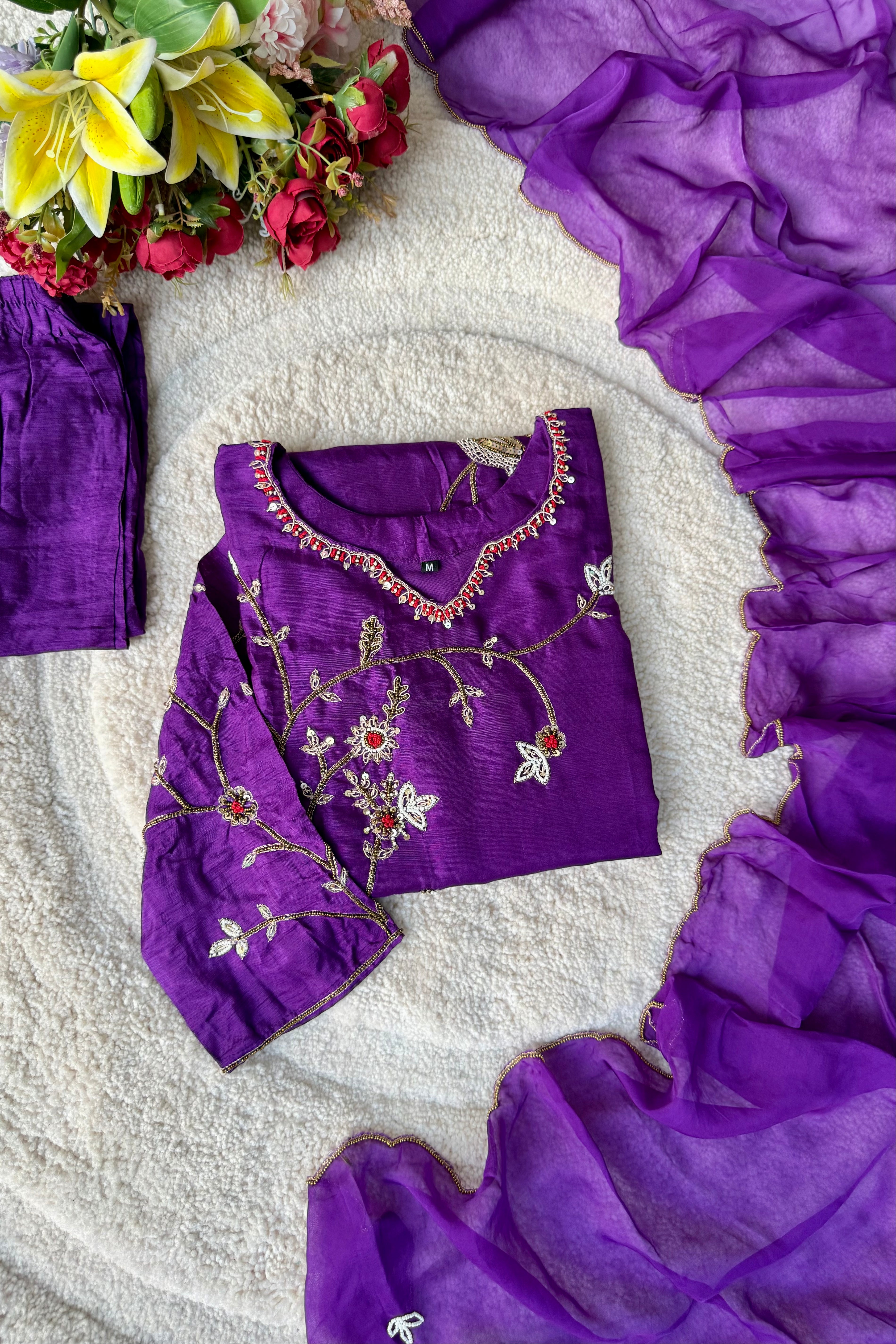 “Peacock” Royal Purple Dola Silk Peacock Handwork Suit Set