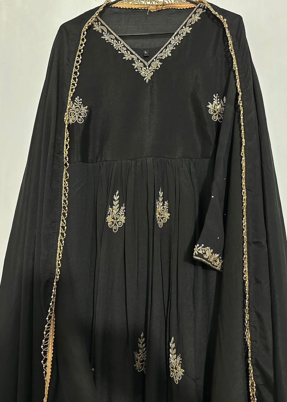 “Black” Elegant Black Anarkali Suit in Chinnon Fabric