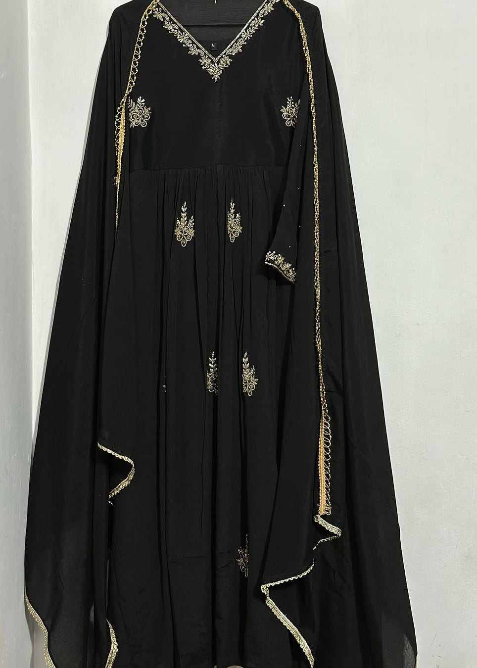 “Black” Elegant Black Anarkali Suit in Chinnon Fabric
