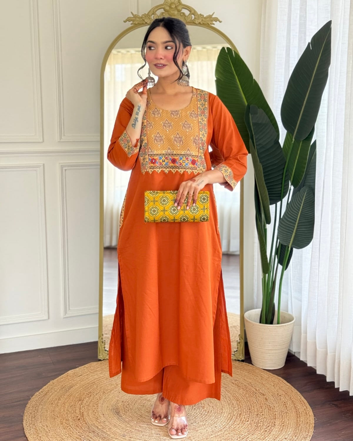 “FARIDA" Mul cotton embroidered kurta palazzo set
