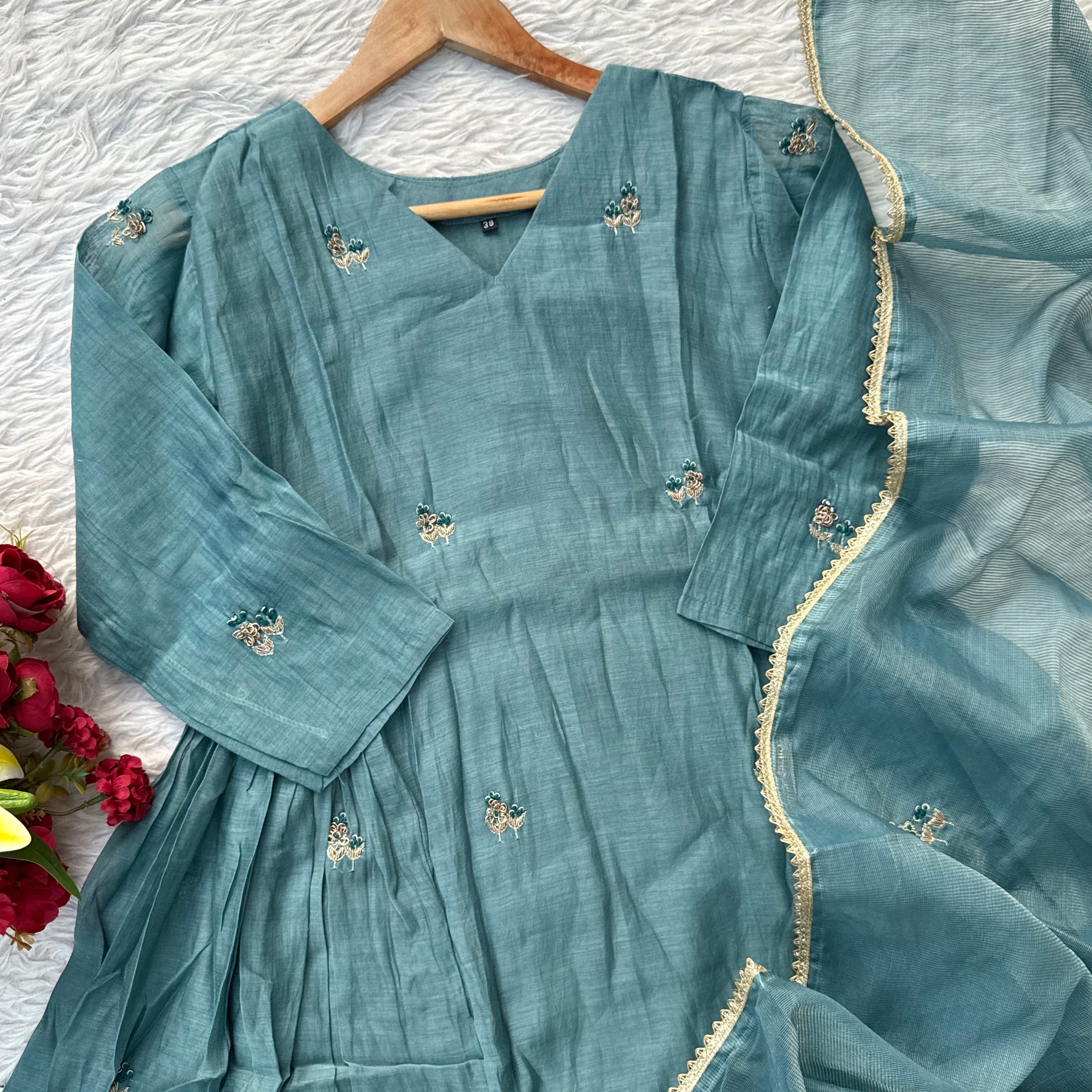“AFIA” Premium Mul Chanderi anarkali kurta set