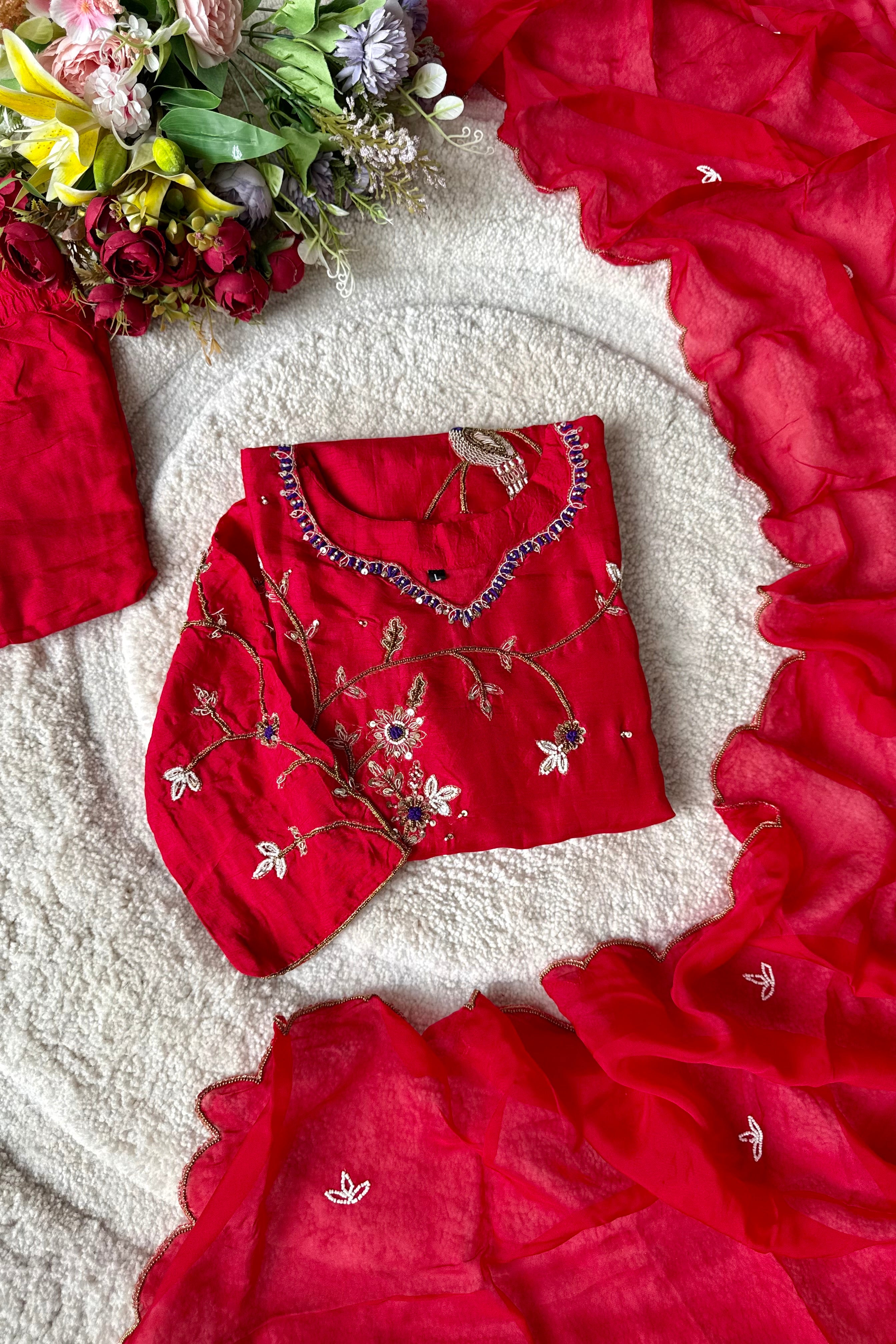 “Peacock” Deep Red Dola Silk Peacock Handwork Suit Set